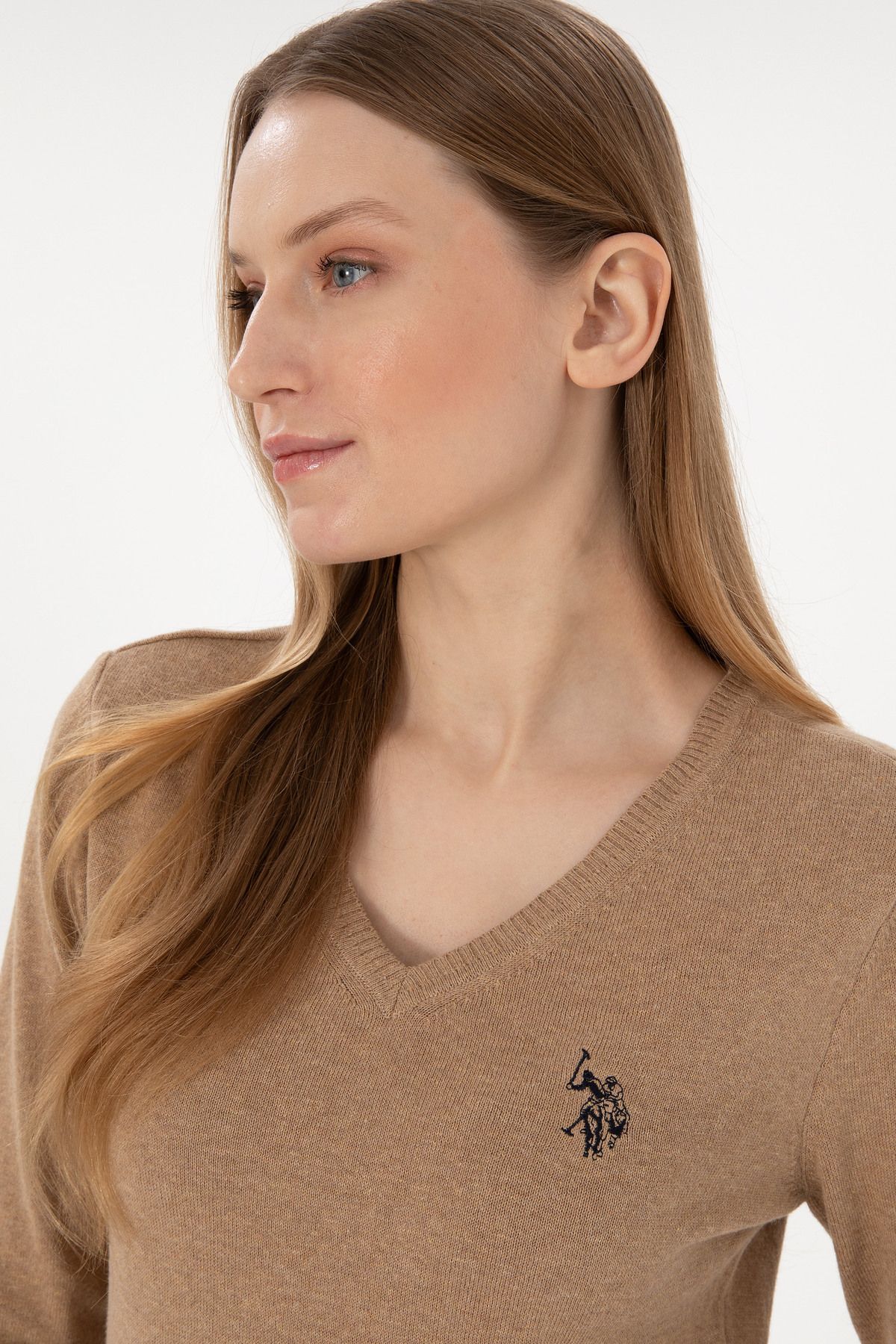 U.S. Polo Assn.-Women's Camel Melange V-Neck Basic Sweater 50251903 -Vr122 2