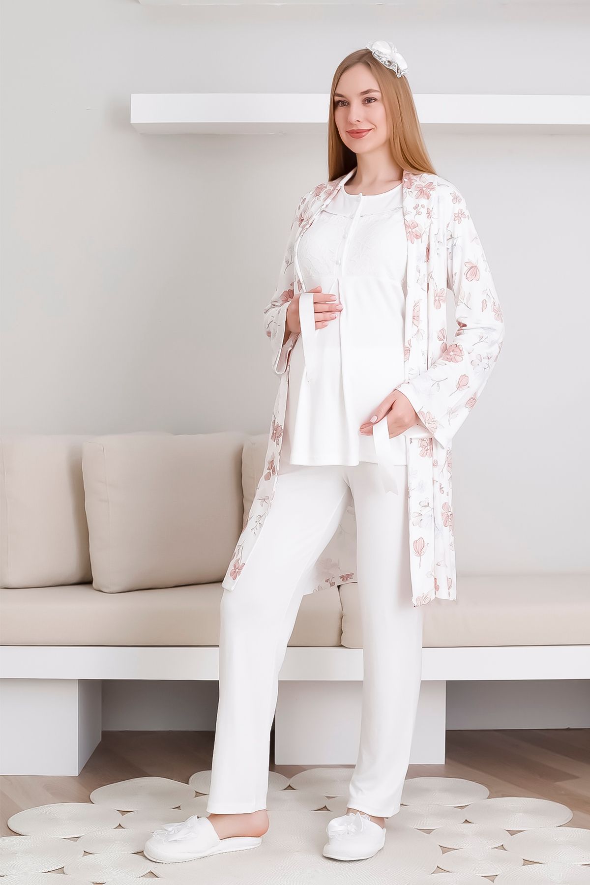 ERDENİZ TEKSTİL-Short Sleeve Pajama and Dressing Gown Set with Forward Buttons, Top Tied 7