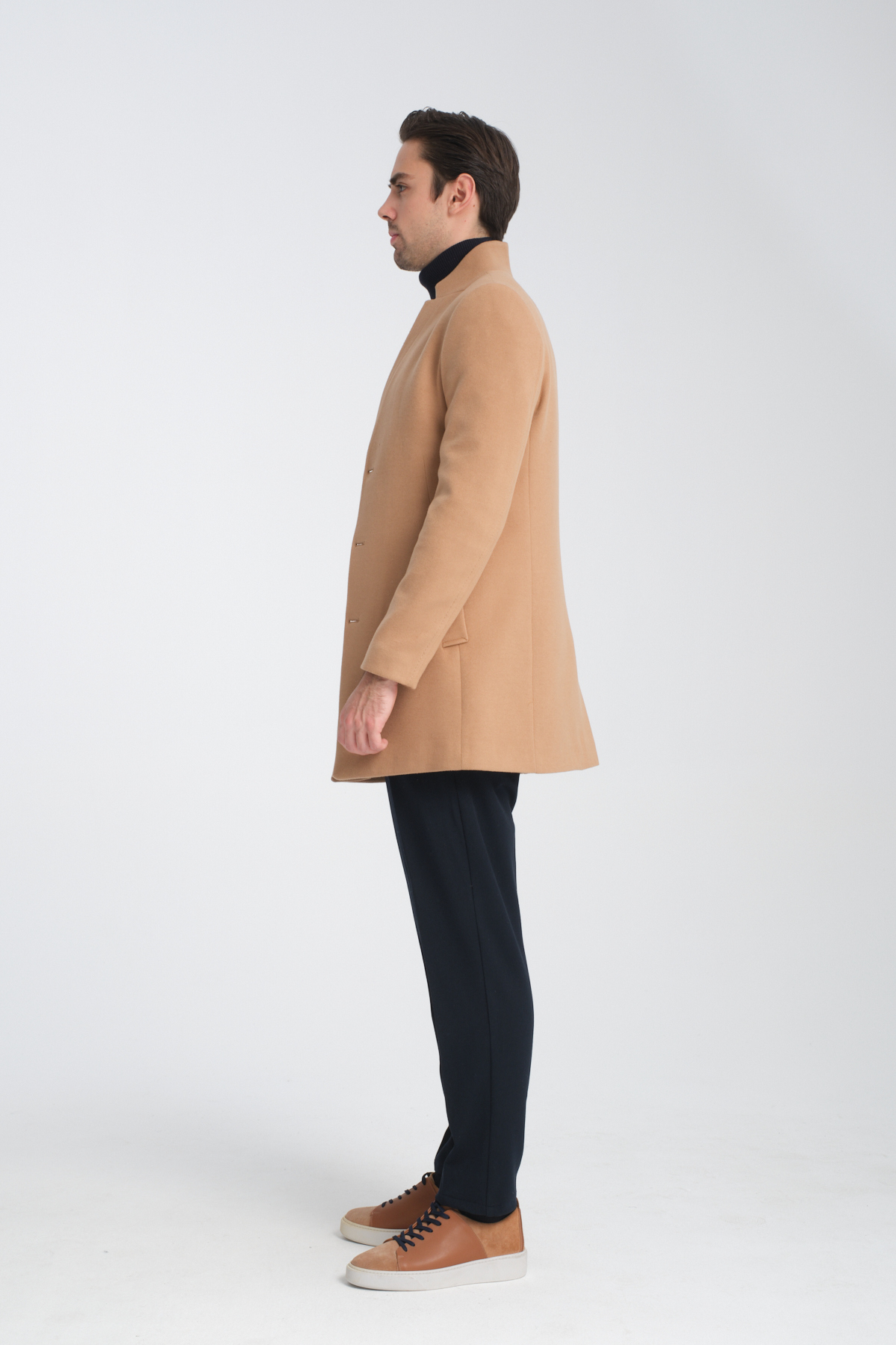 Frappoli  Bergamo Erkek Camel Regular Fit Dik Yaka Kaşe Kaban - Görsel 8