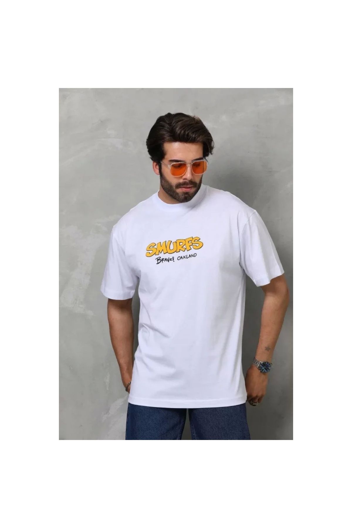 Marsilyan Unisex Bisiklet Yaka Baskılı Oversize TShirt Beyaz