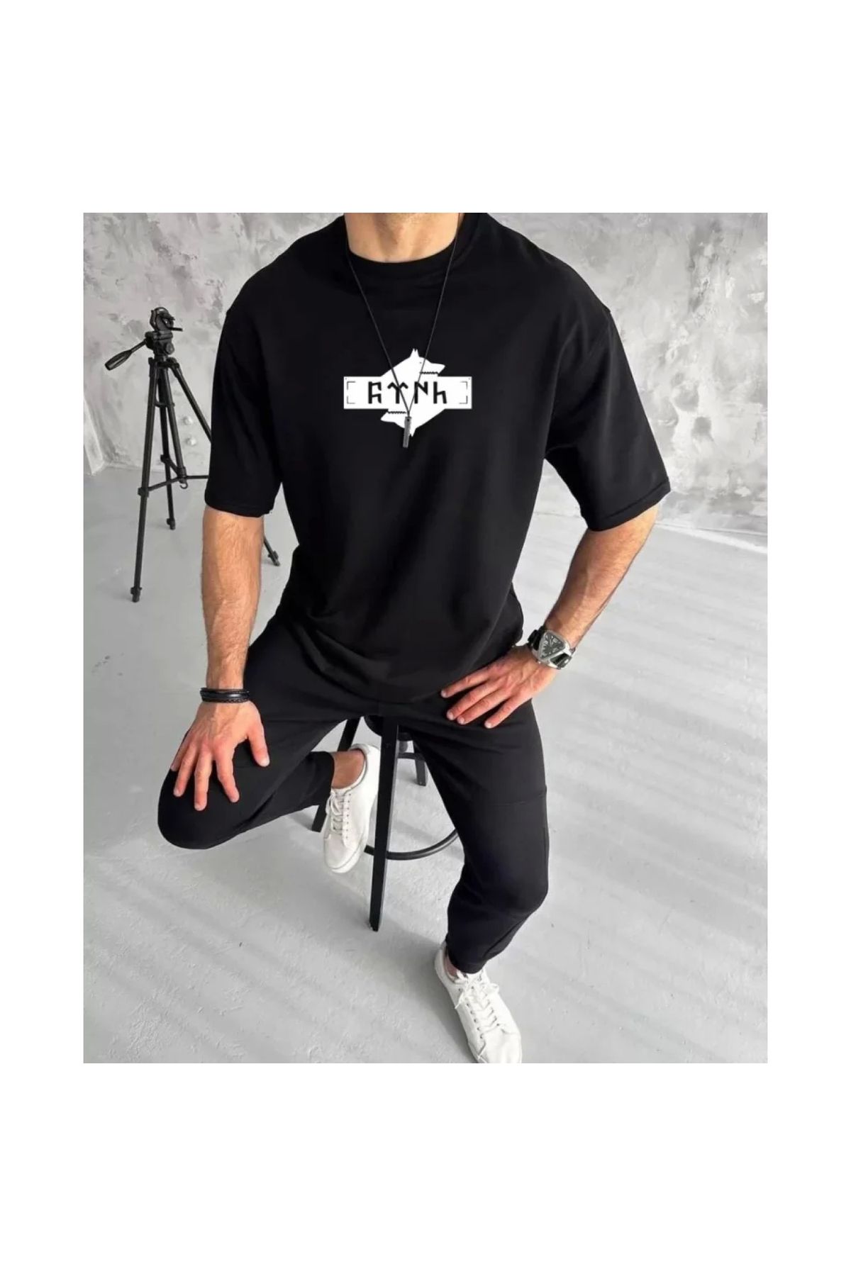 Marsilyan Unisex Bisiklet Yaka Baskılı Double Oversize TShirt
