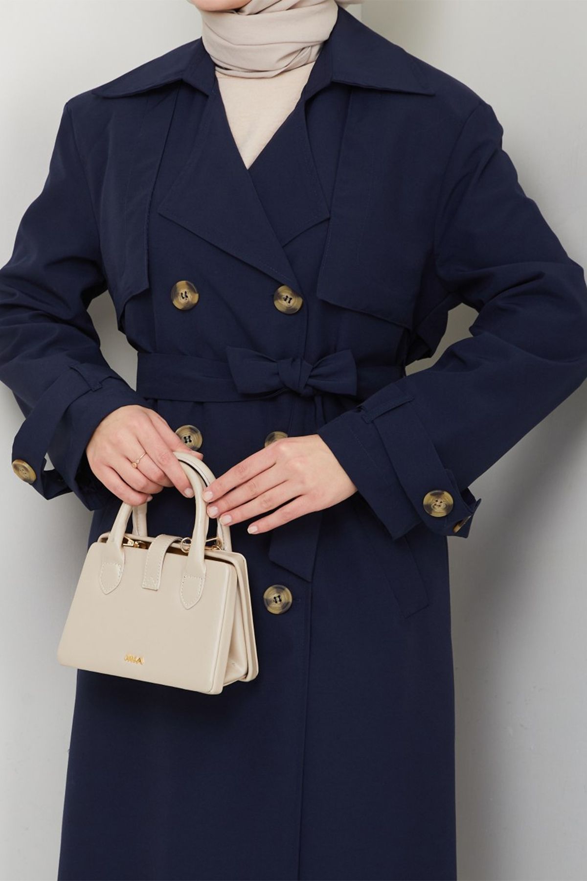 InStyle-Lined Navy Blue Trench Coat with Stone Buckle Detail 5