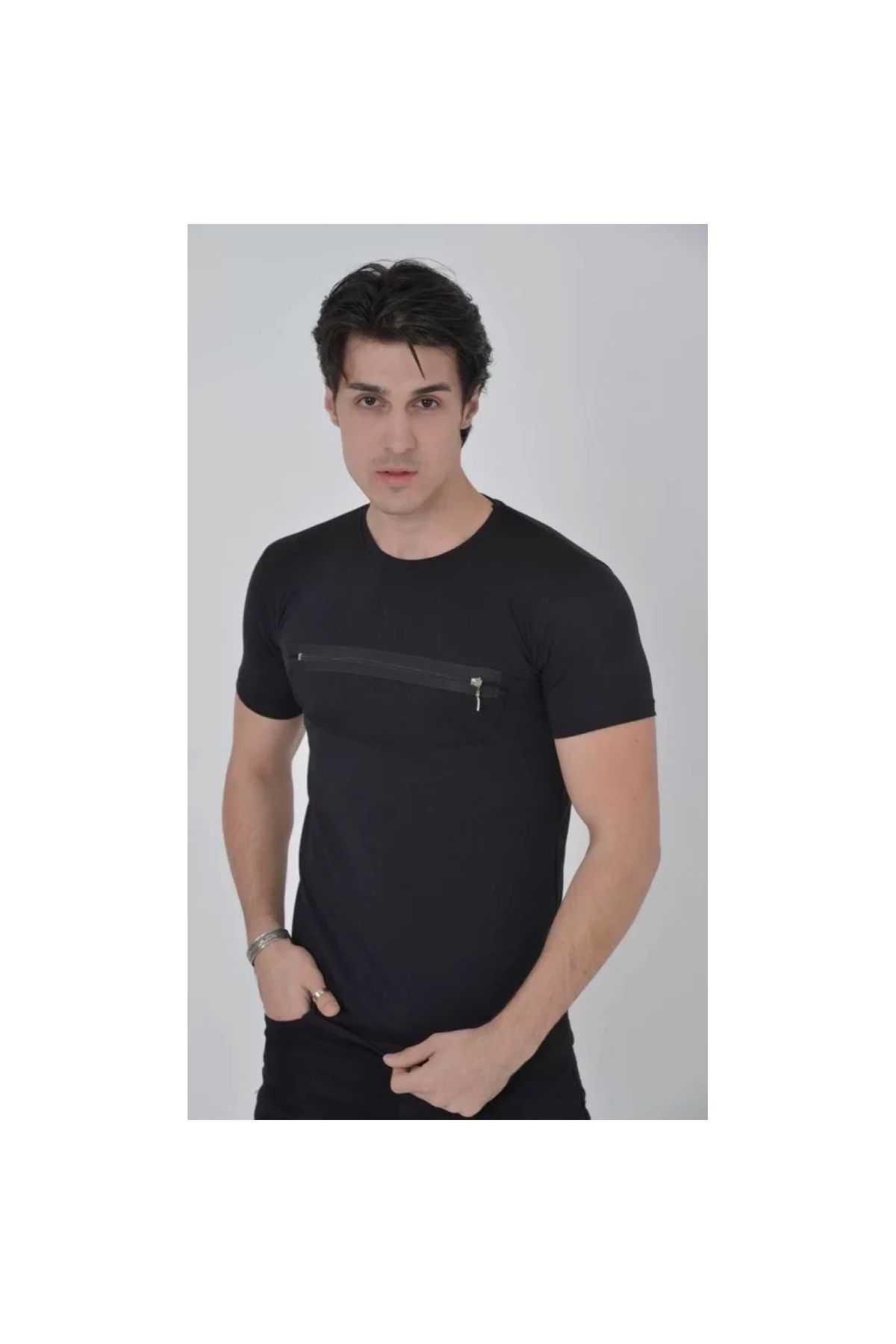 Marsilyan Erkek Göğüste Fermuar Aksesuarlı Dar Kalıp TShirt