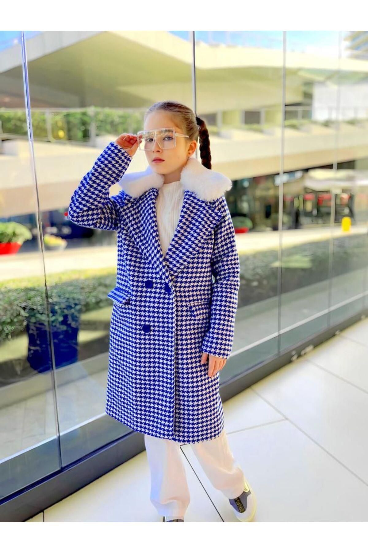 Hilal Akıncı Kids Saks Kazayağı Model Yakası Kürklü Içi Astarlı Kaban