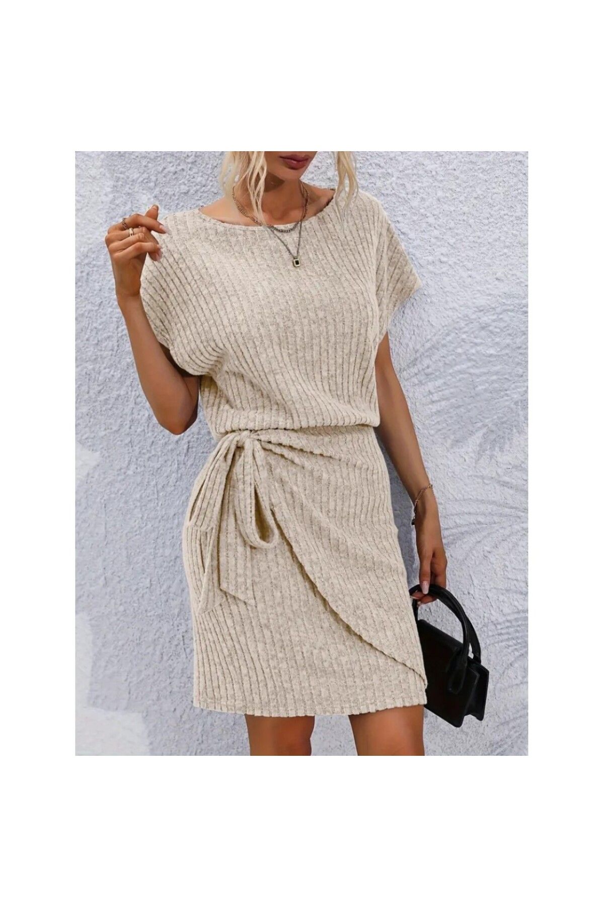 JANES-Women's Short Sleeve Open Collar Elastic Waist Side Tie Thick Corded Camisole Dress 5