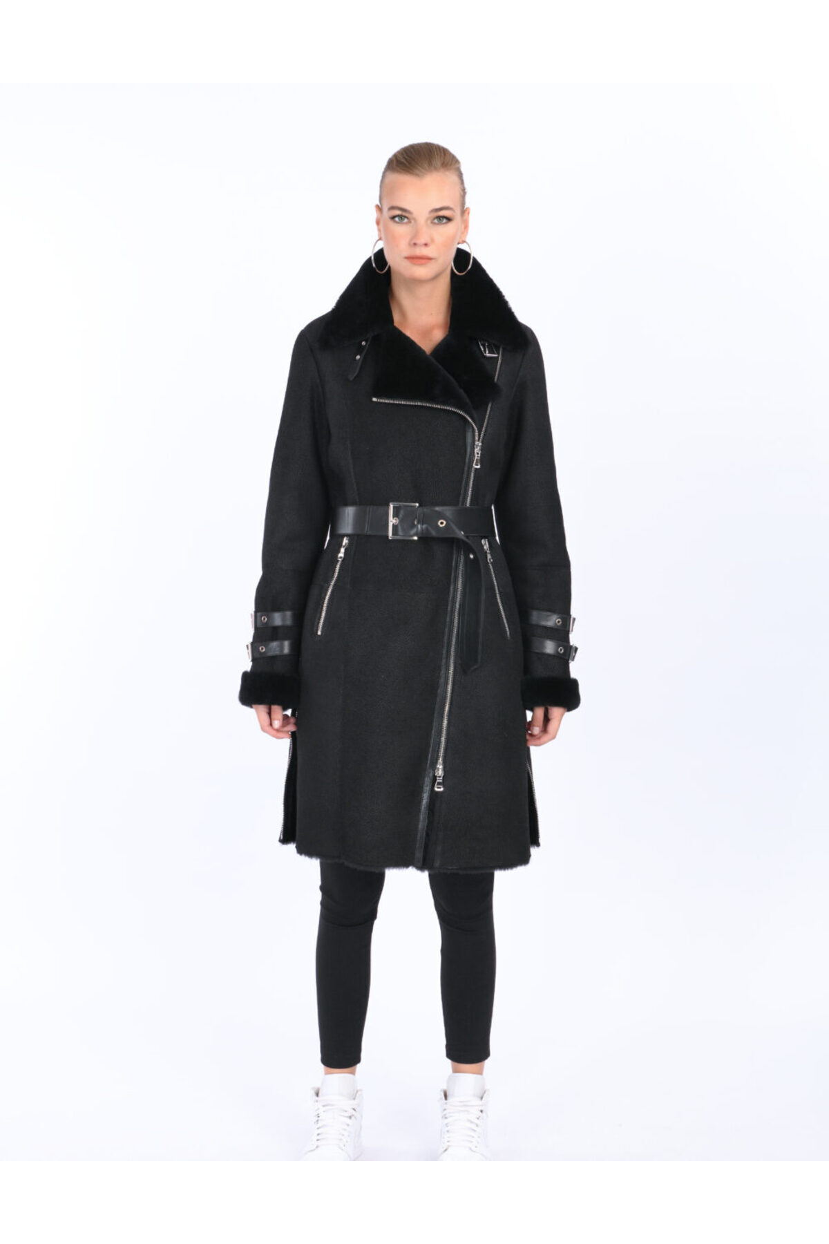  کاپشن چرم و خز اصل با زیپ کناری و جزئیات جیب