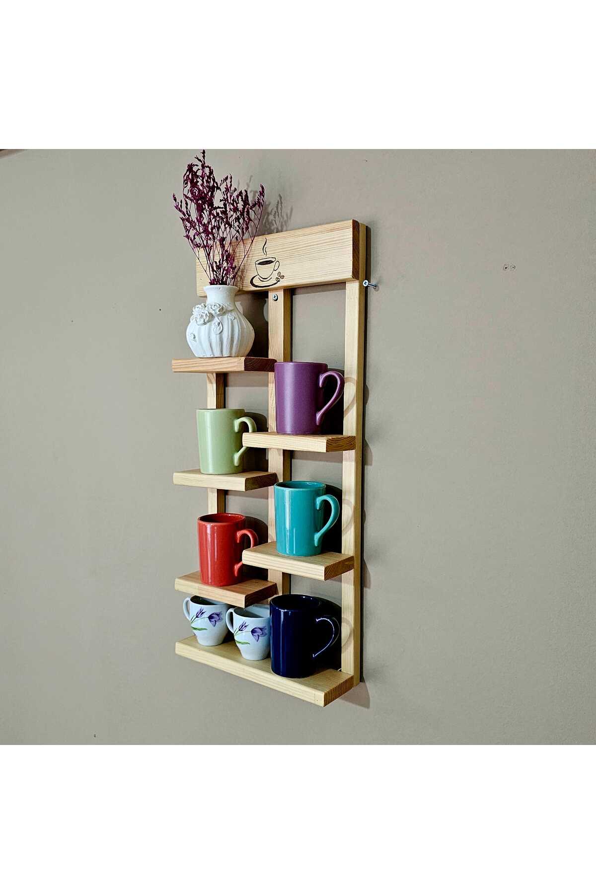 Wooden Decorative Wall Shelf 5-Piece Coffee Cup and Cup Stand Original Pine Production