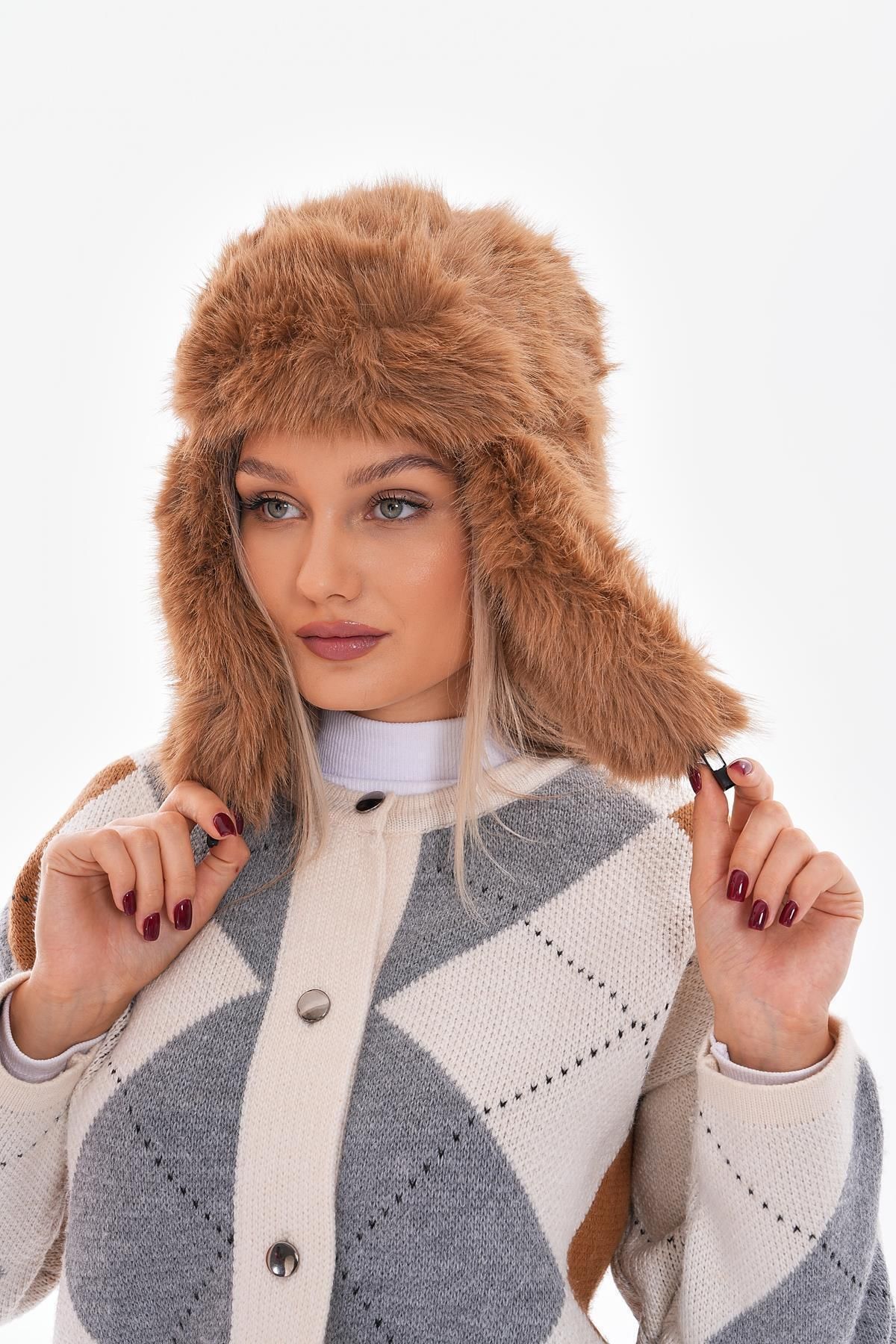 Luminos Butik-Mango Feather Plush Camel Clip Pilot Hat Beanie 4652 2