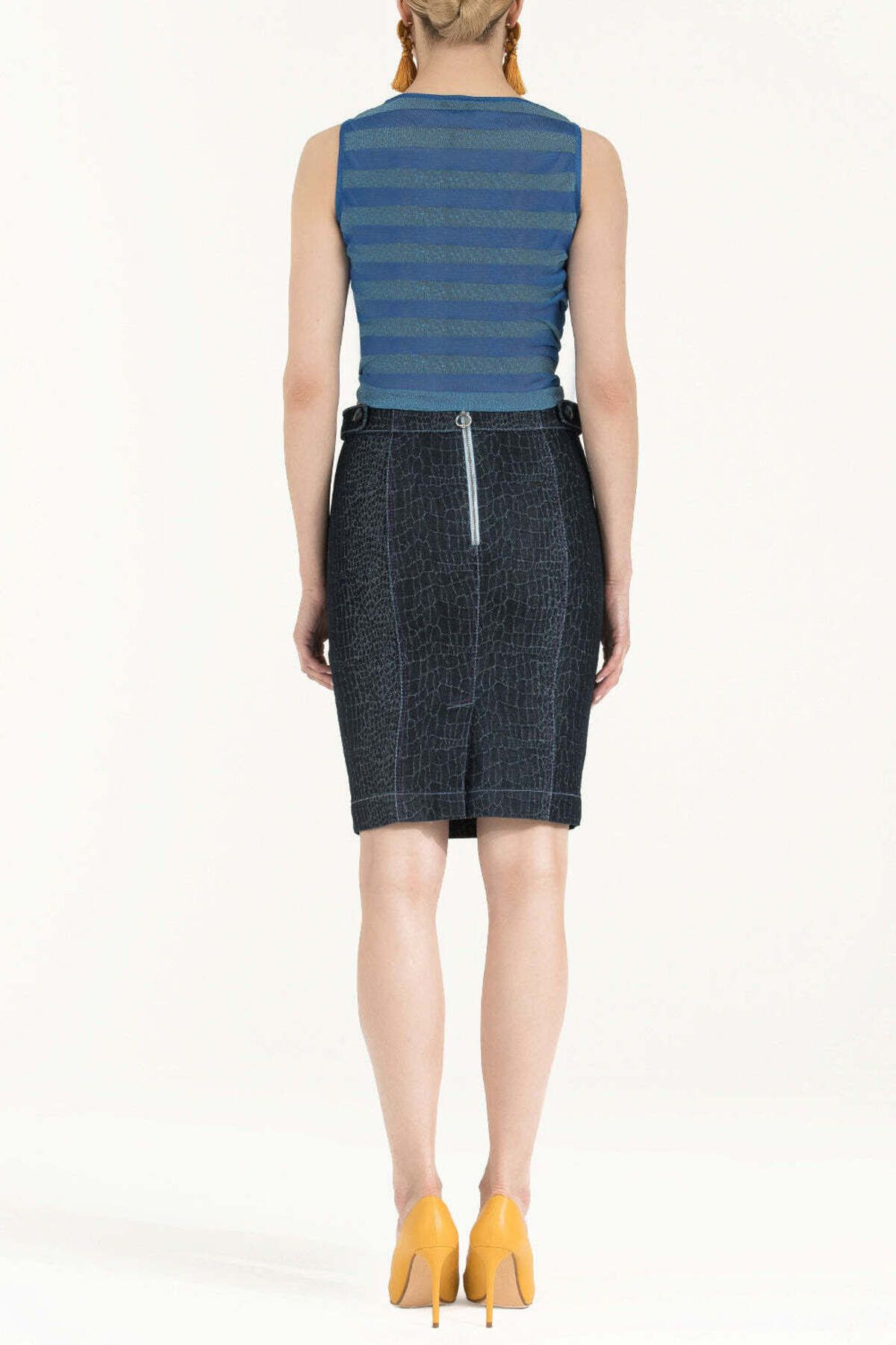 SOCIETA-Navy Blue Buttoned and Stone Denim Skirt 80521 4