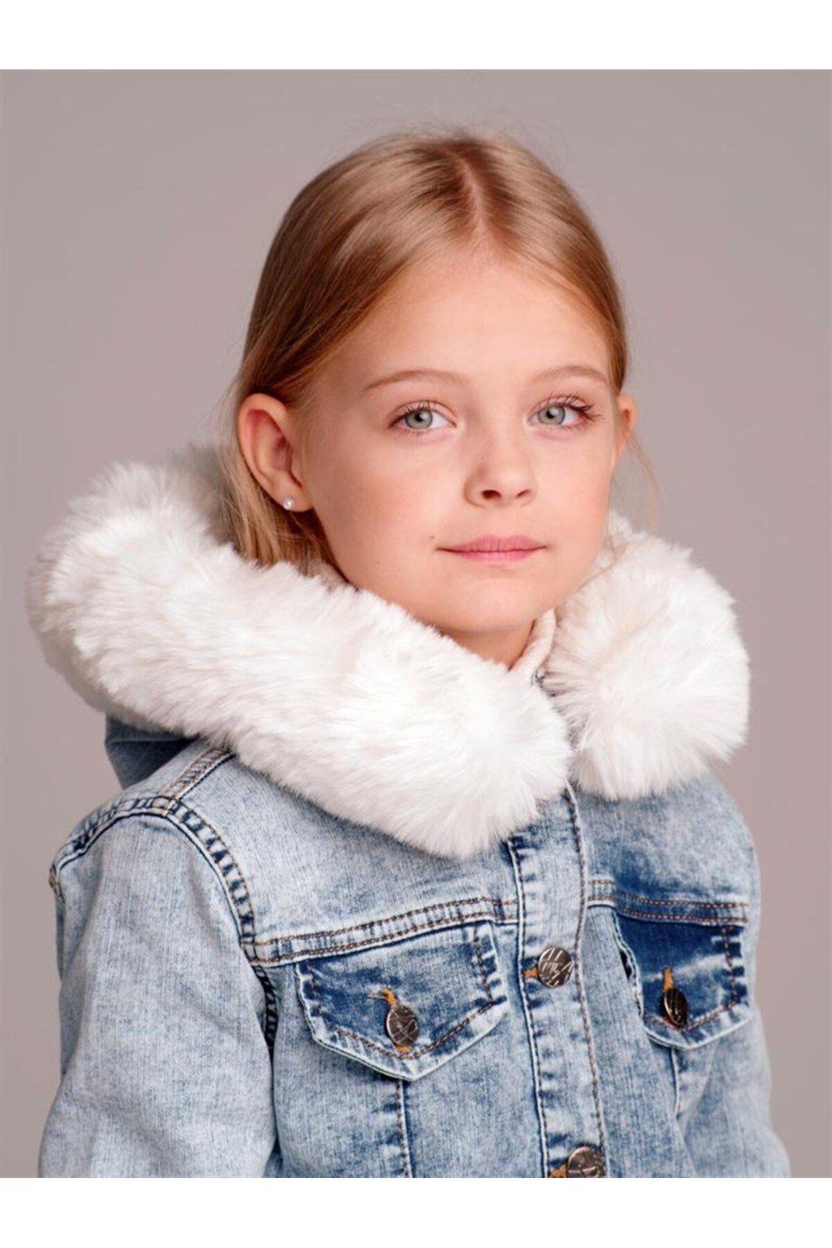 Hilal Akıncı Kids  Kız Çocuk Kolları Kürk Detaylı Kapüşonlu Mavi Kot Ceket - Görsel 3