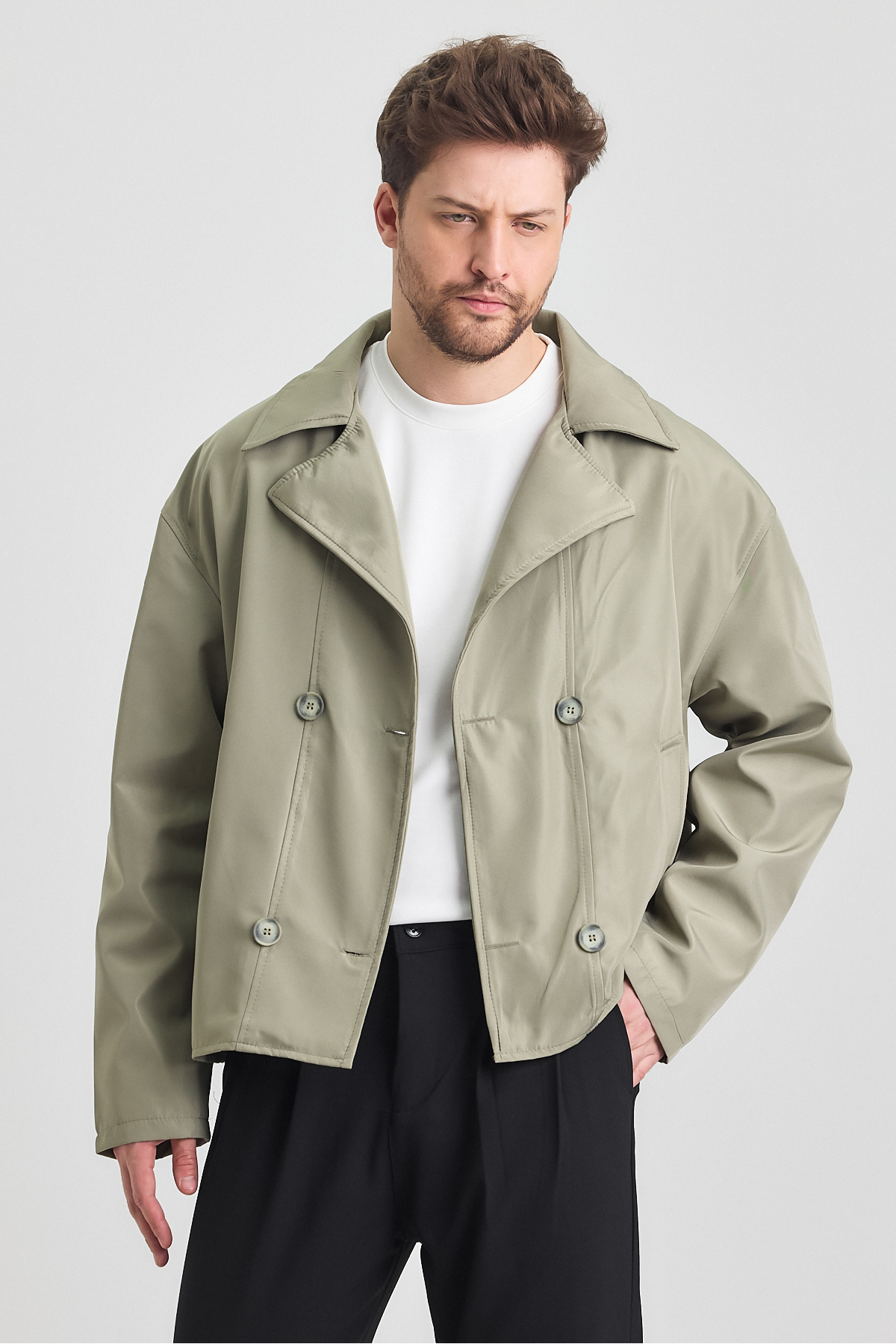 MerStore  Yeni Sezon Crop Fit Erkek Trençkot Ceket - Görsel 2