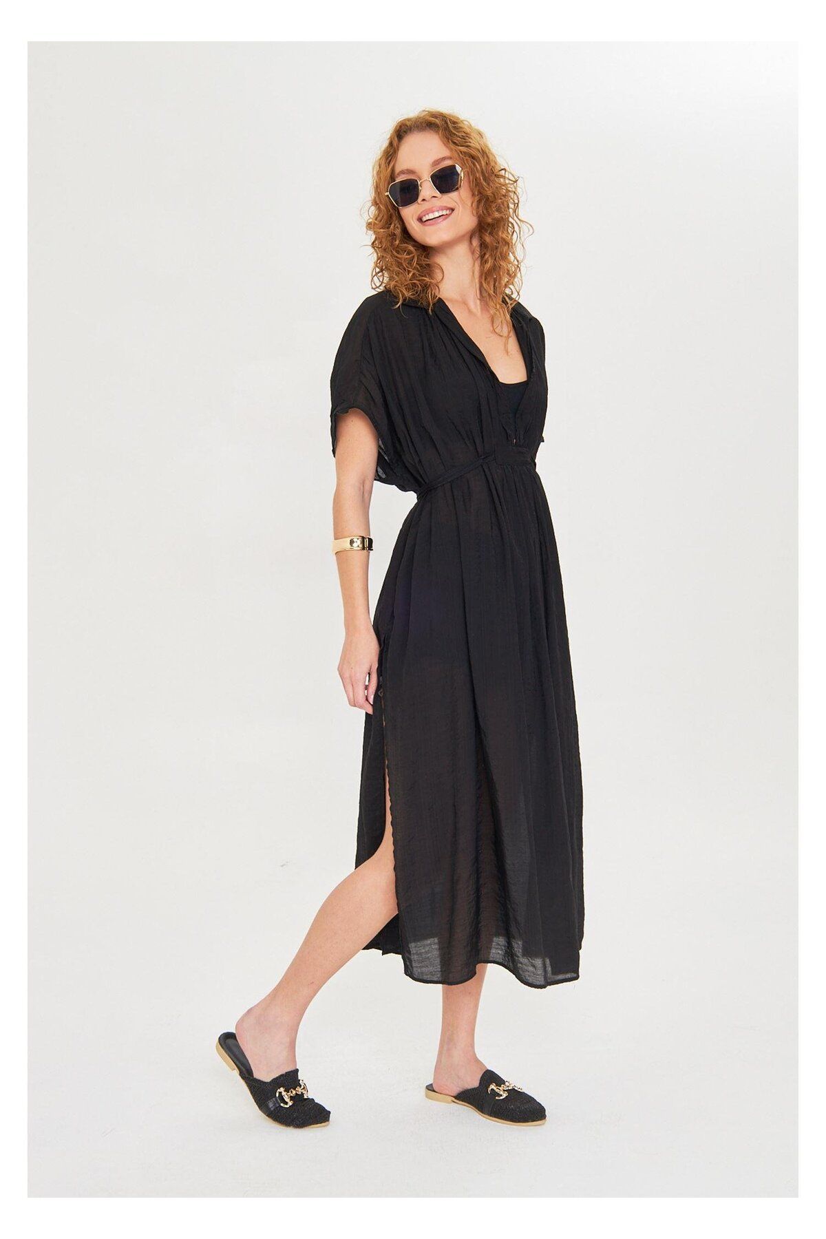 TIFFANY&TOMATO Büzgülü Açık Yaka Mango Kimono - Ekru
