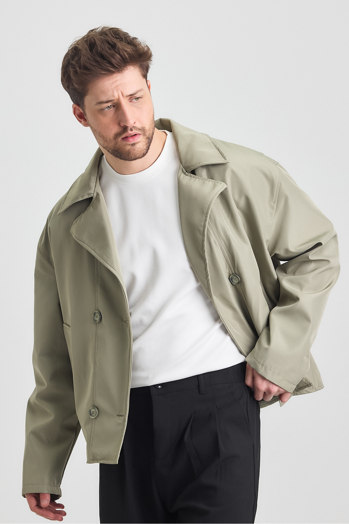 MerStore  Yeni Sezon Crop Fit Erkek Trençkot Ceket - Görsel 7