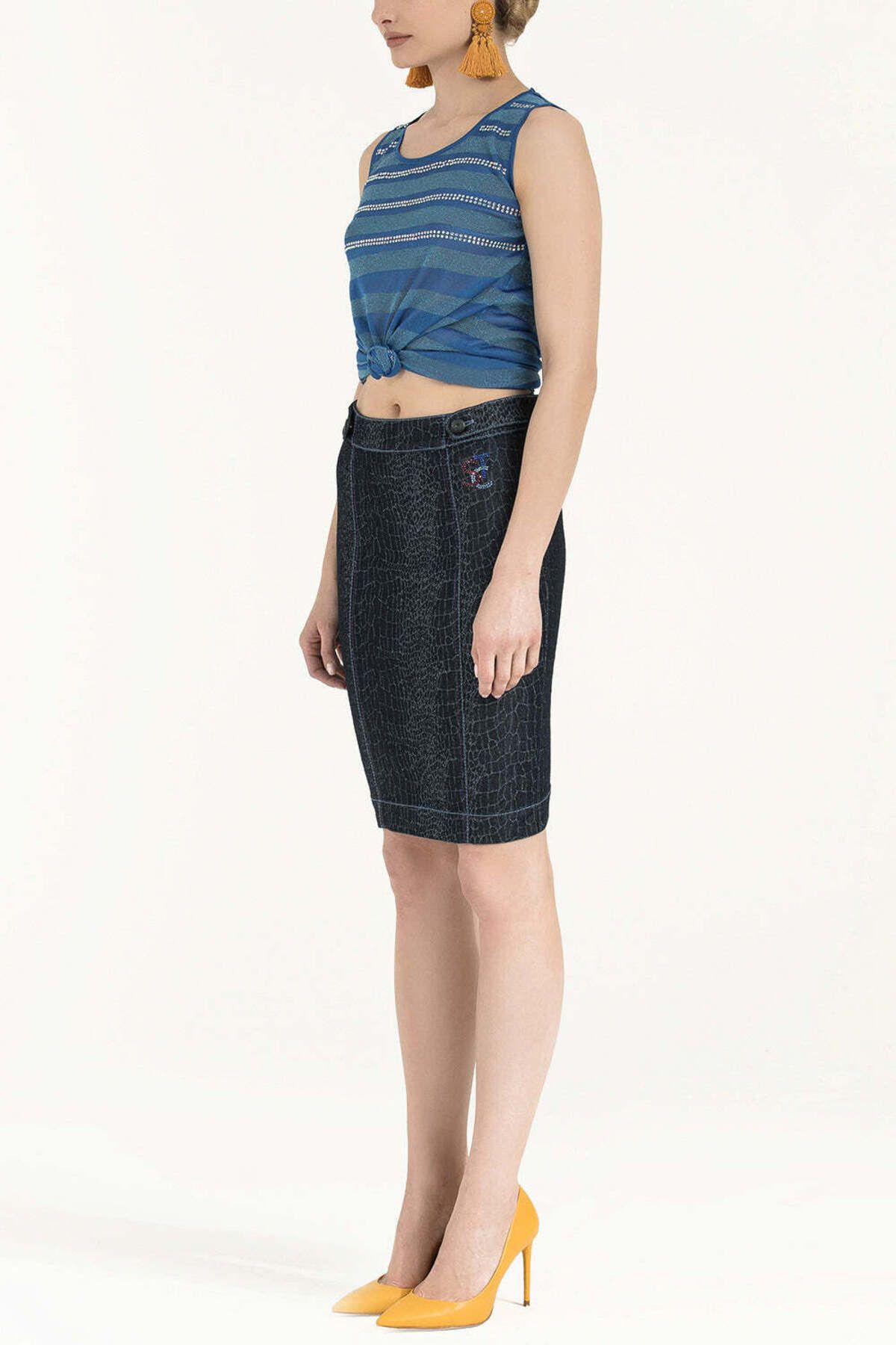 SOCIETA-Navy Blue Buttoned and Stone Denim Skirt 80521 2
