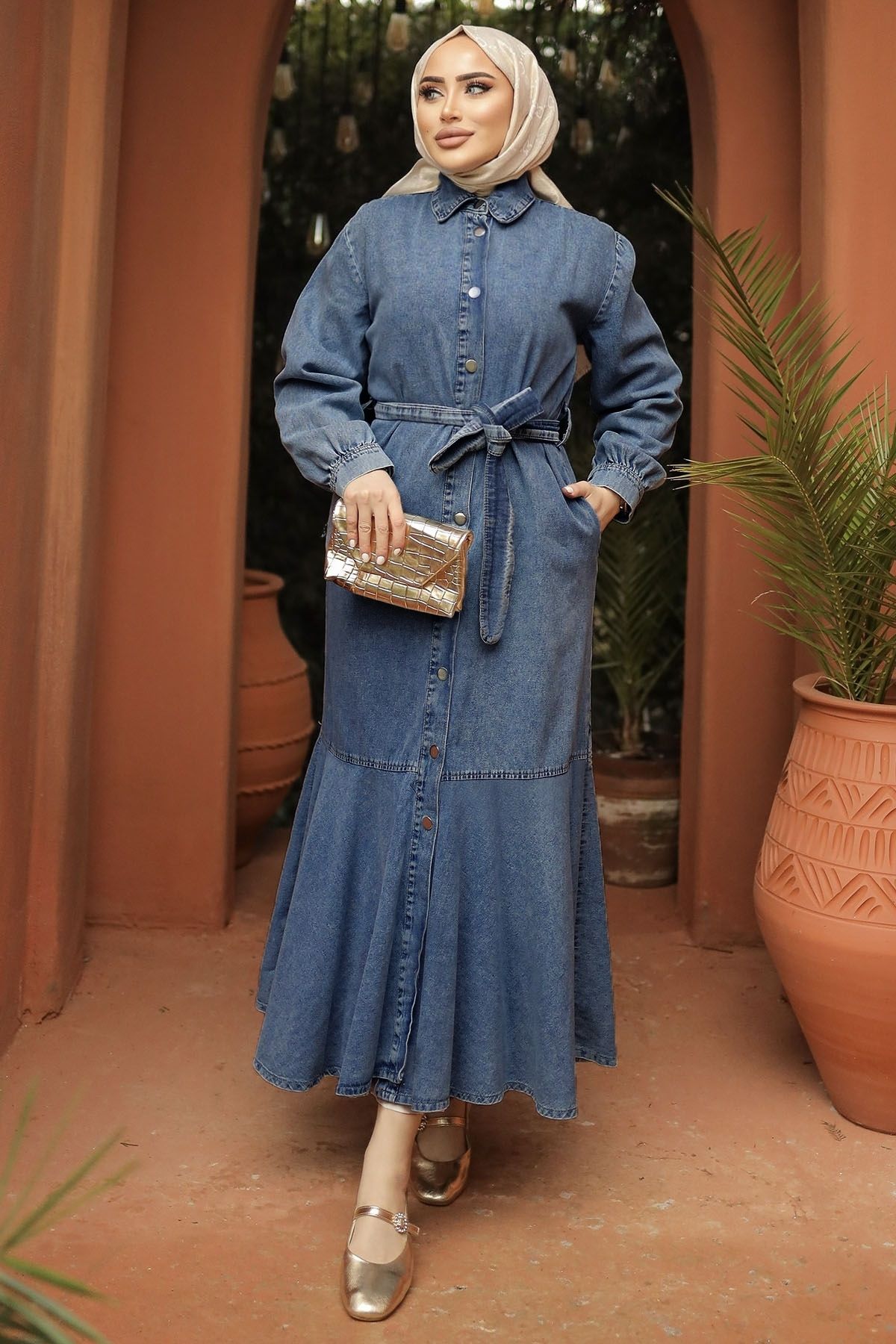 InStyle-Dark Blue Denim Dress with Buttoned Belt 1