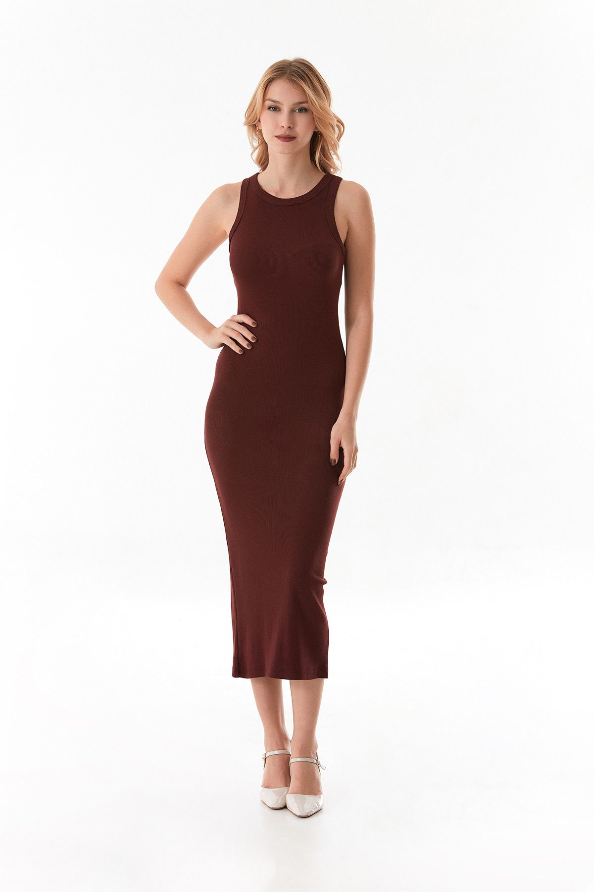 Basic Fitilli Halter Yaka Yırtmaçlı Elbise