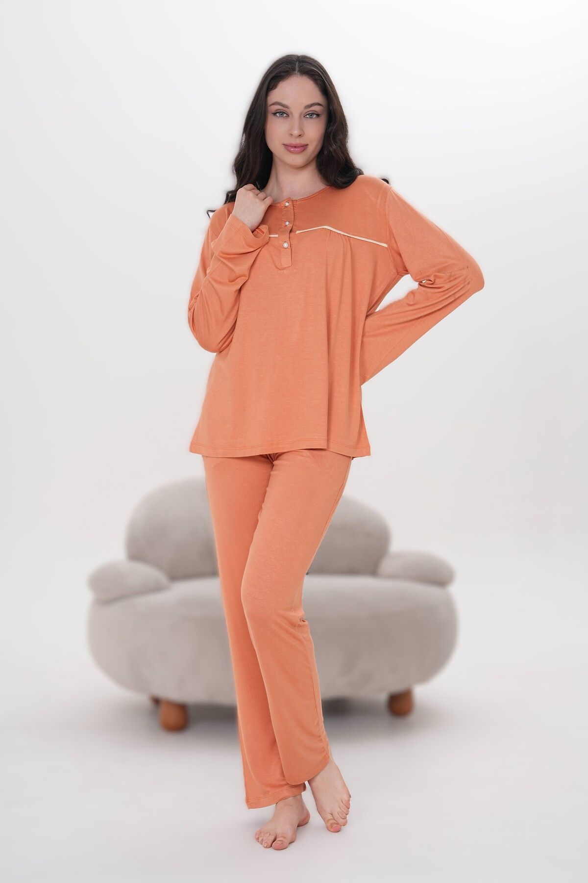 LOHOUSE-Women's Orange Long Sleeve Cotton Plus Size (Oversize) Pajama Set 4