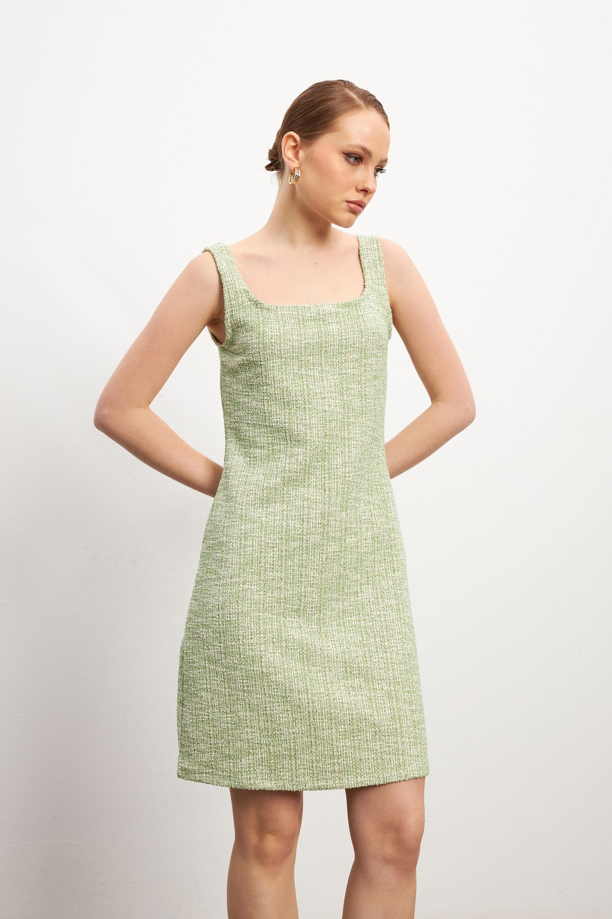 MODAGEN-Women's Green Tweed Strap Mini Dress 4