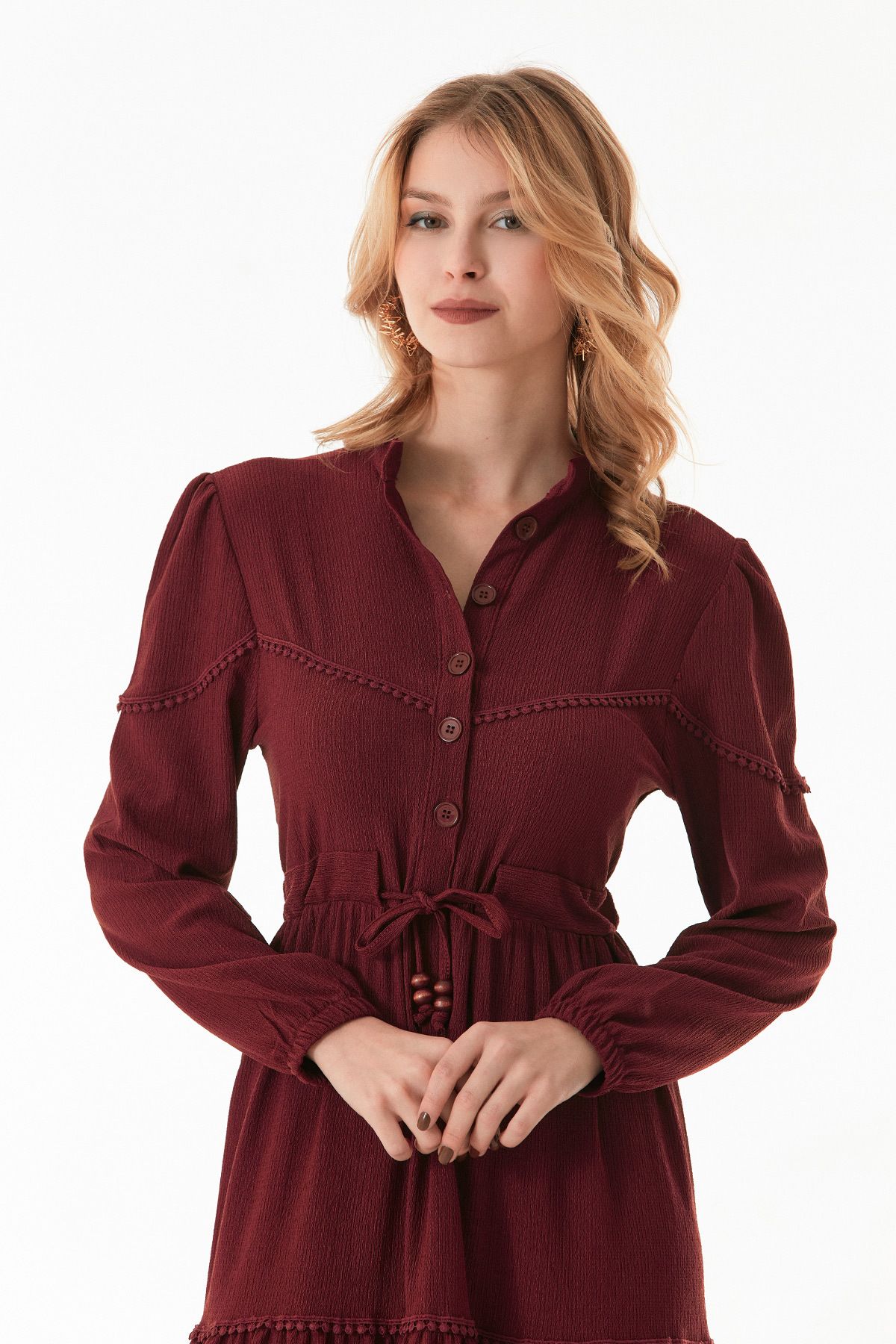 Fulla Moda-Rochie cu guler ridicat cu cravată în talie 2