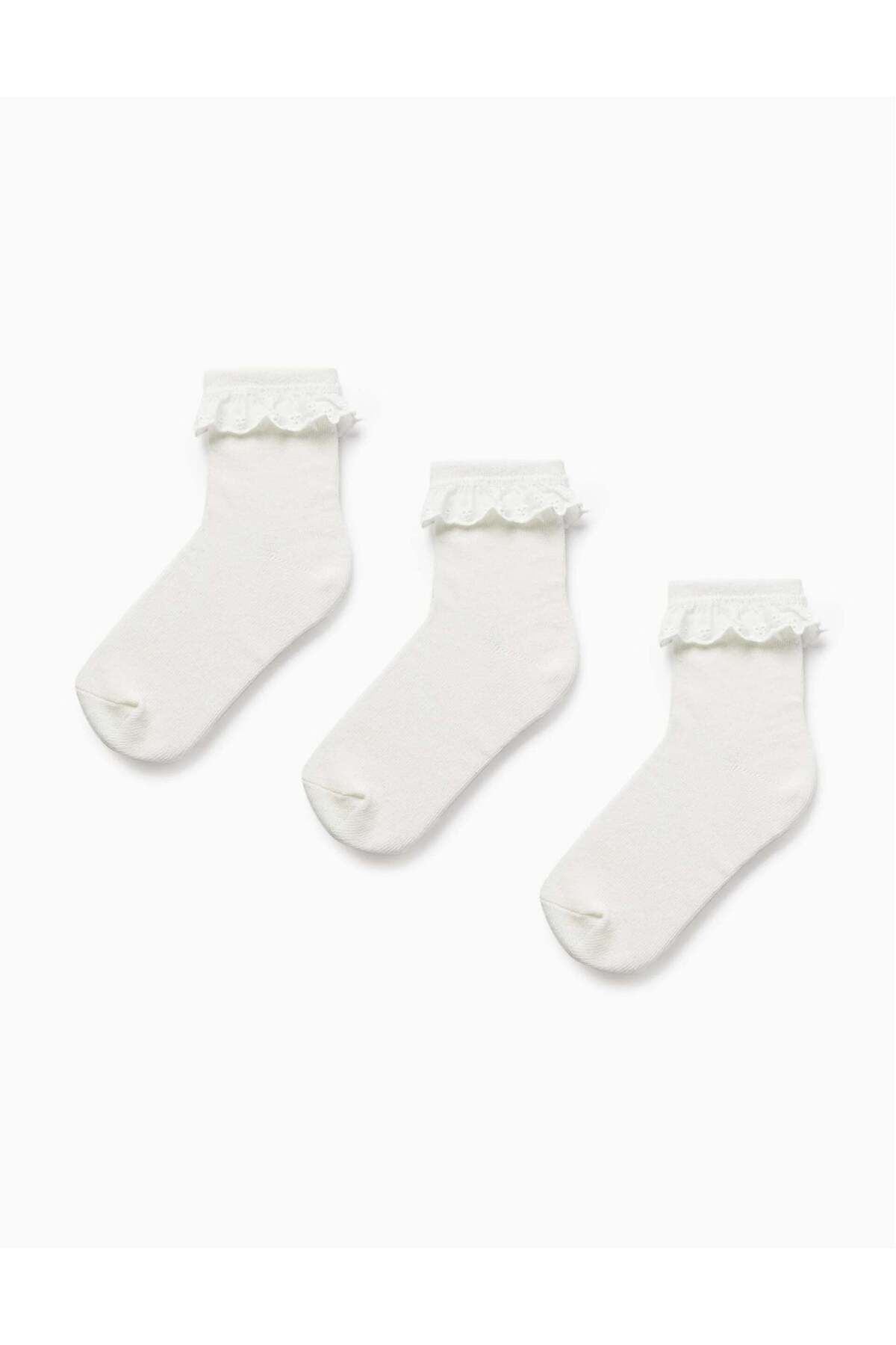 Ziddy-Pack of 3 Pairs of Socks with Broderie Anglaise for Girls, White 1