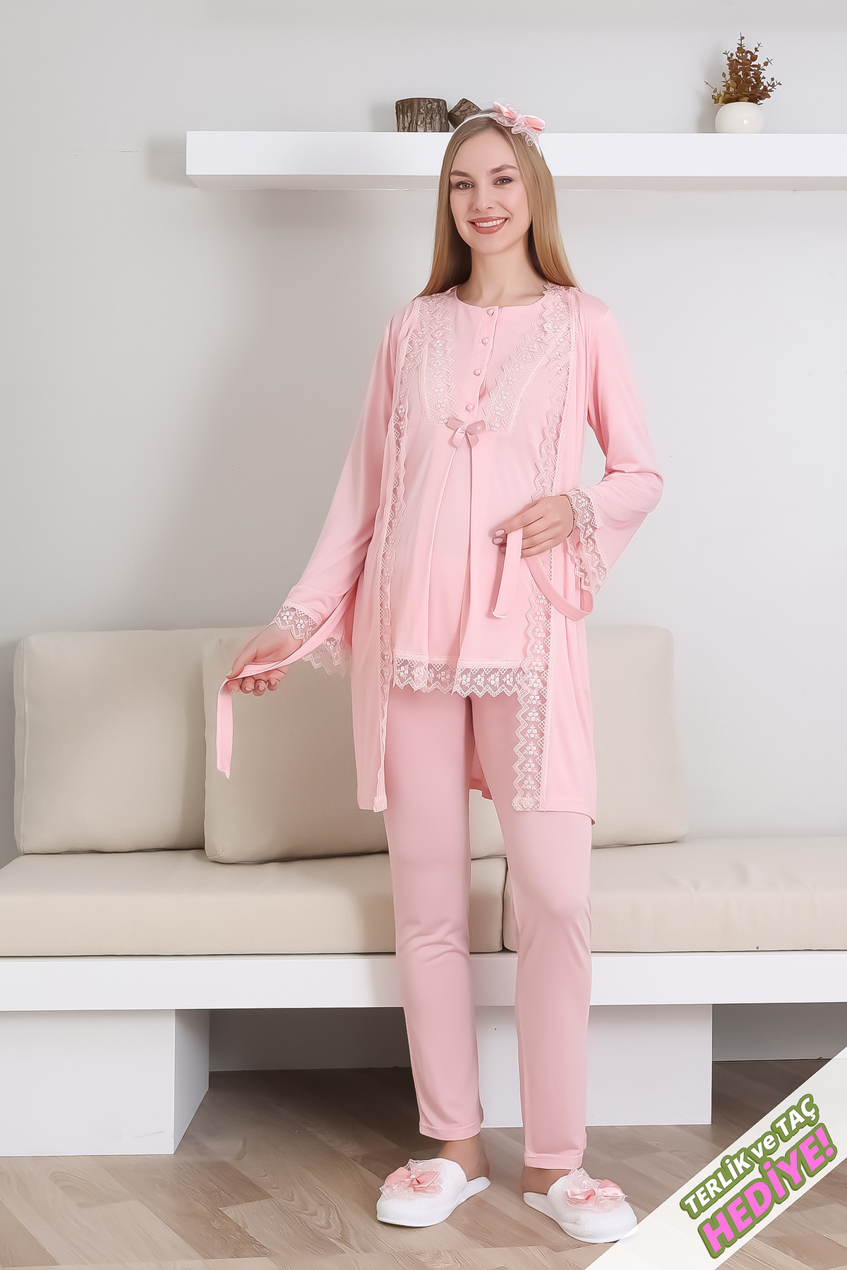 ERDENİZ TEKSTİL Hamile Pijama Takımı Düğmeli Dantel Şeritli Emzirme / Tesettür İçin Uygun / Terlik ve Taç