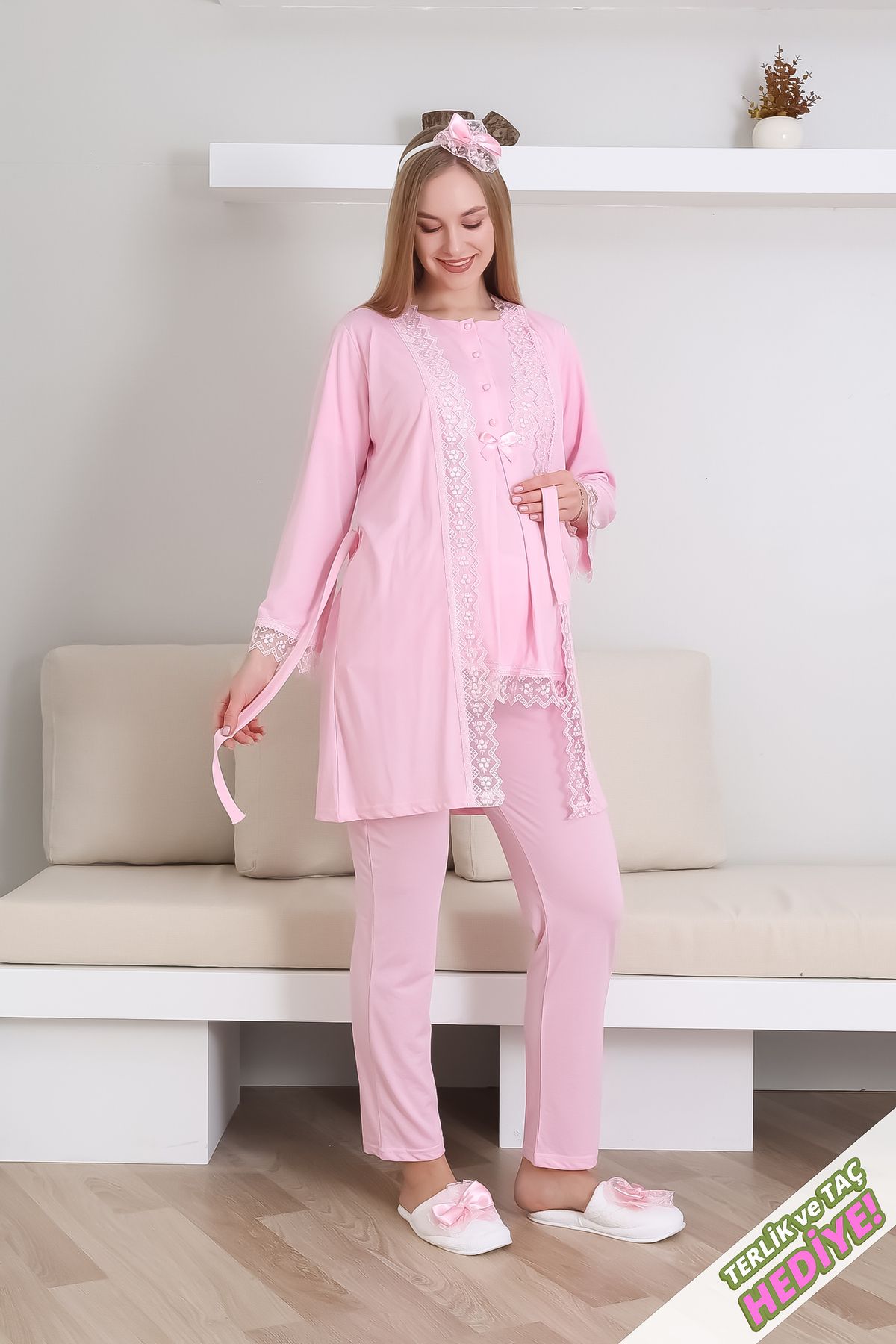 ERDENİZ TEKSTİL Set Pijamale De Maternitate - Dungi Din Dantela Cu Nasturi Potrivite Pentru Alaptare/hijab - Cu Papuci Si Cadou Coroana Femeie - M