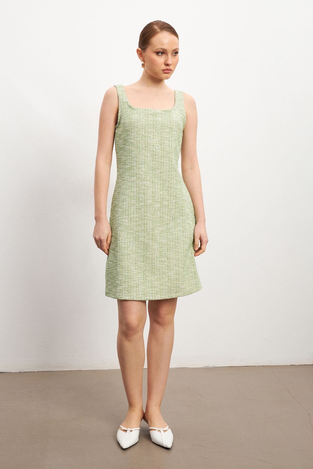 MODAGEN-Women's Green Tweed Strap Mini Dress 2