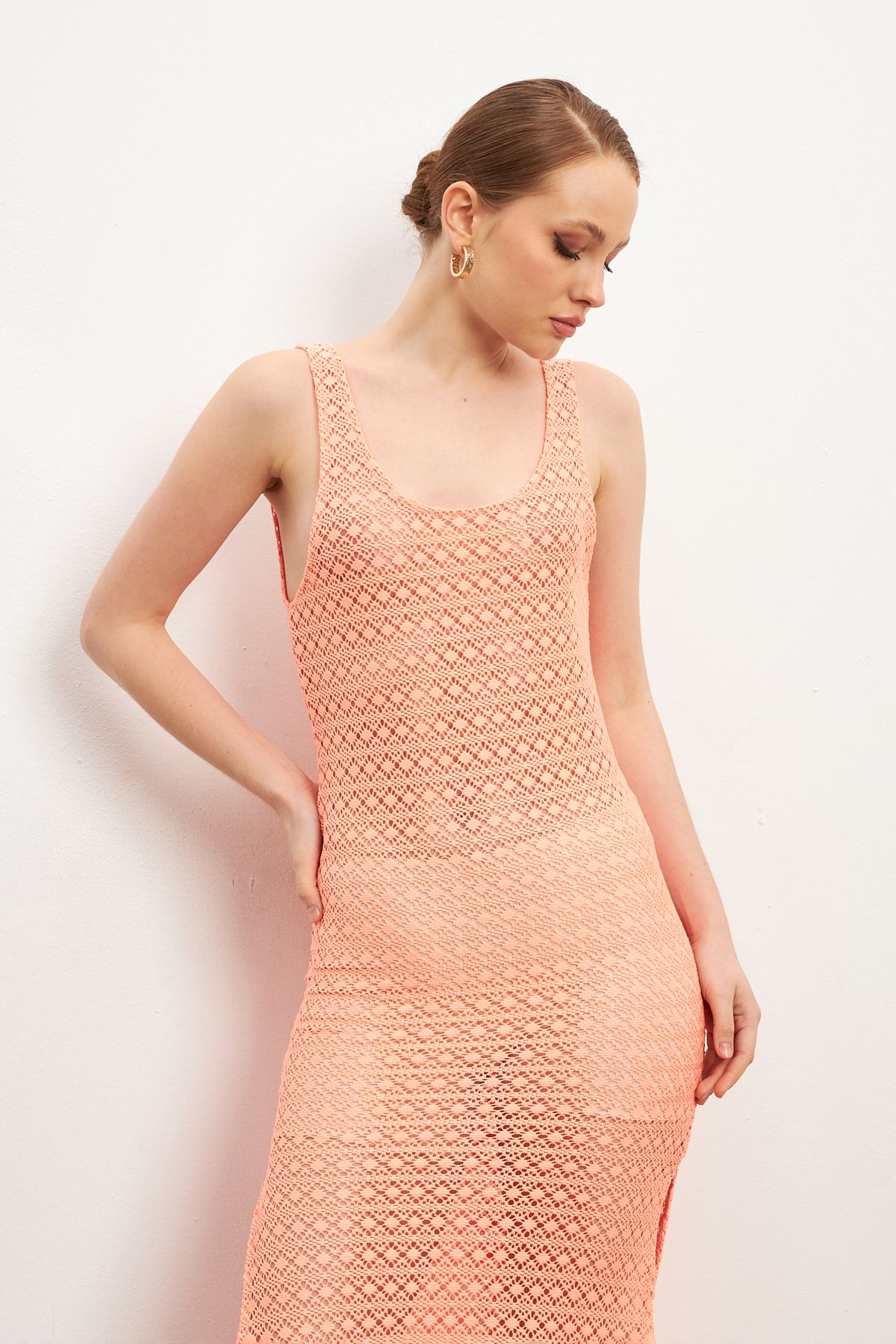 MODAGEN-Women's Pink Knitted Strap Dress with Slit Detail 3