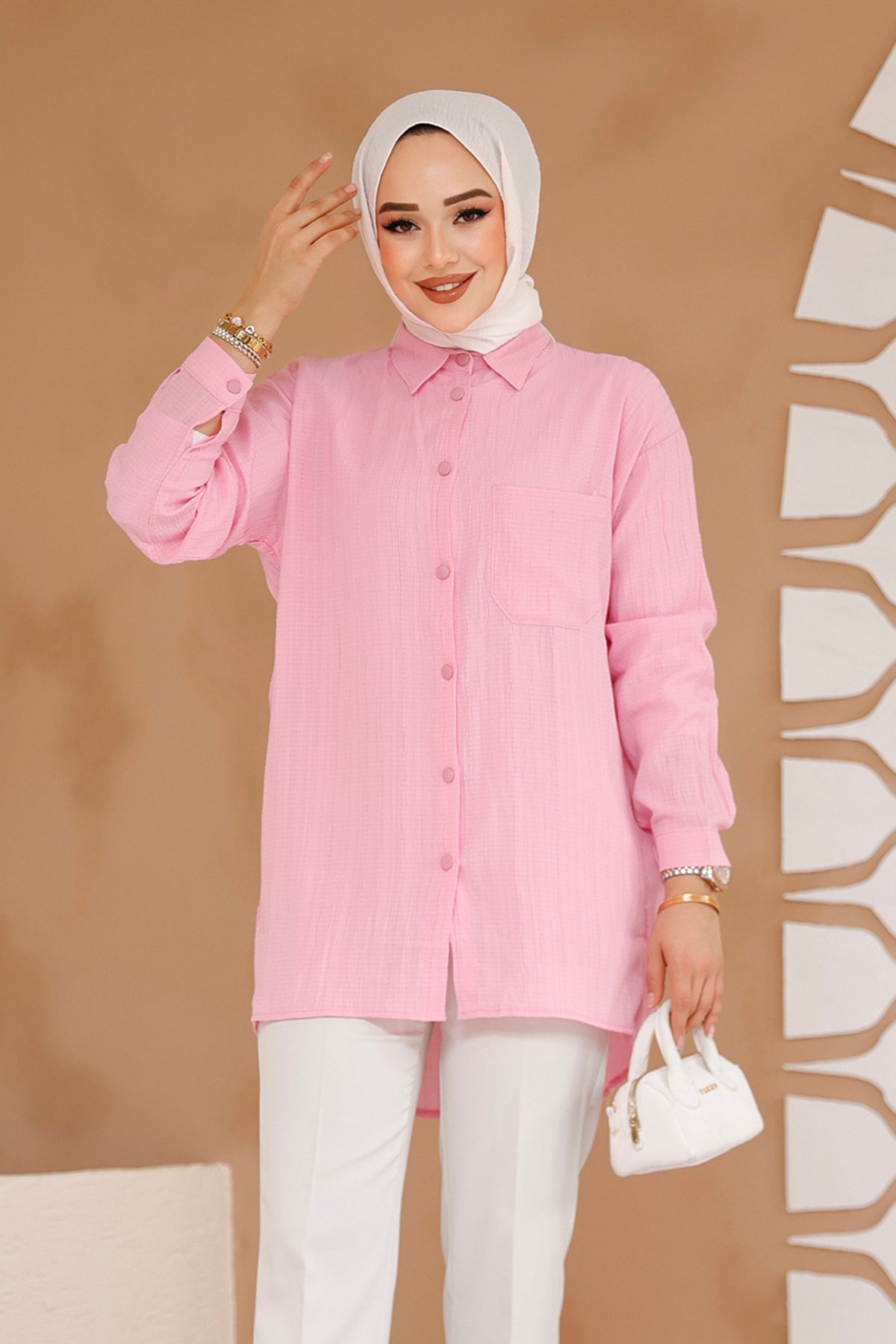 Neva Style-Buttoned Pink Hijab Shirt 70561P 3