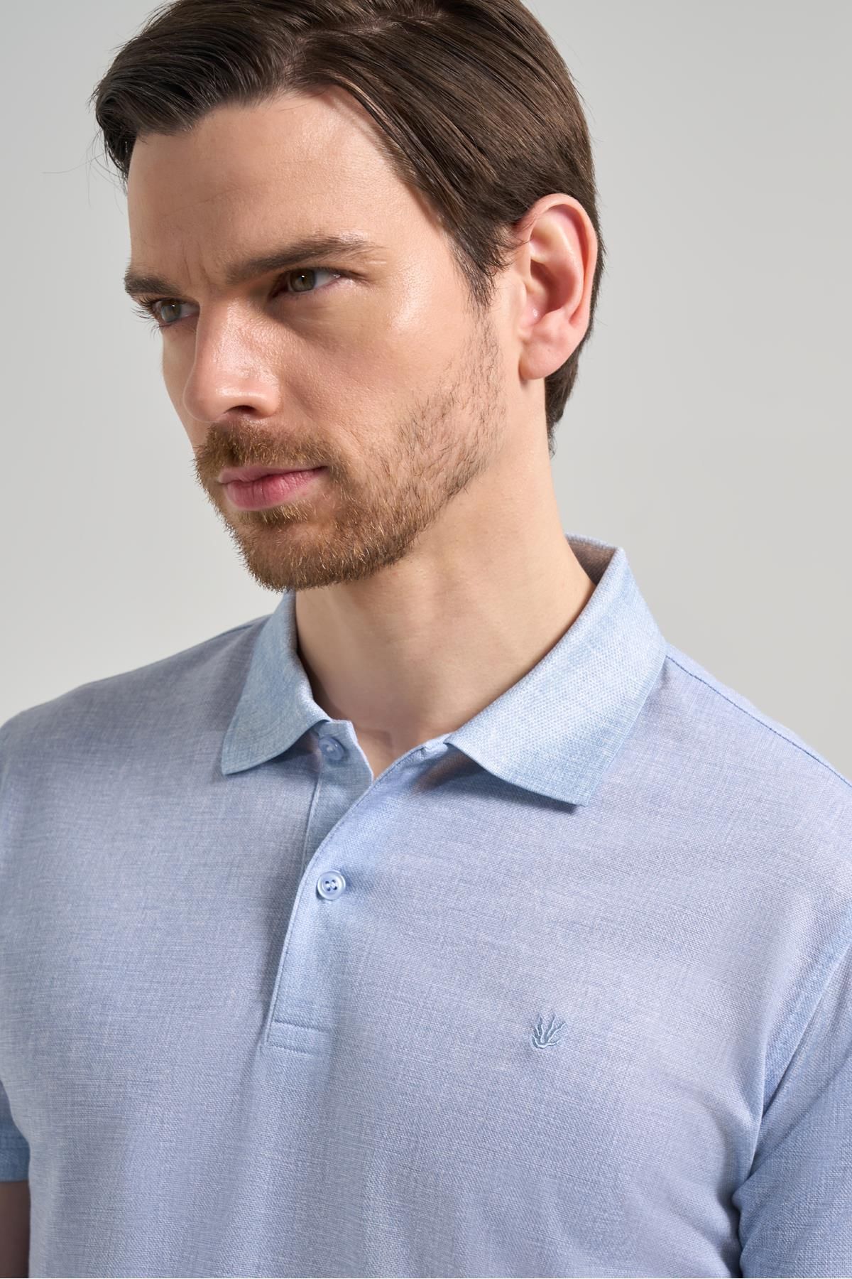 İmza-Blue Short Sleeve Printed Pique Polo Neck Slim Fit T-Shirt Without Pocket 1011250151 4
