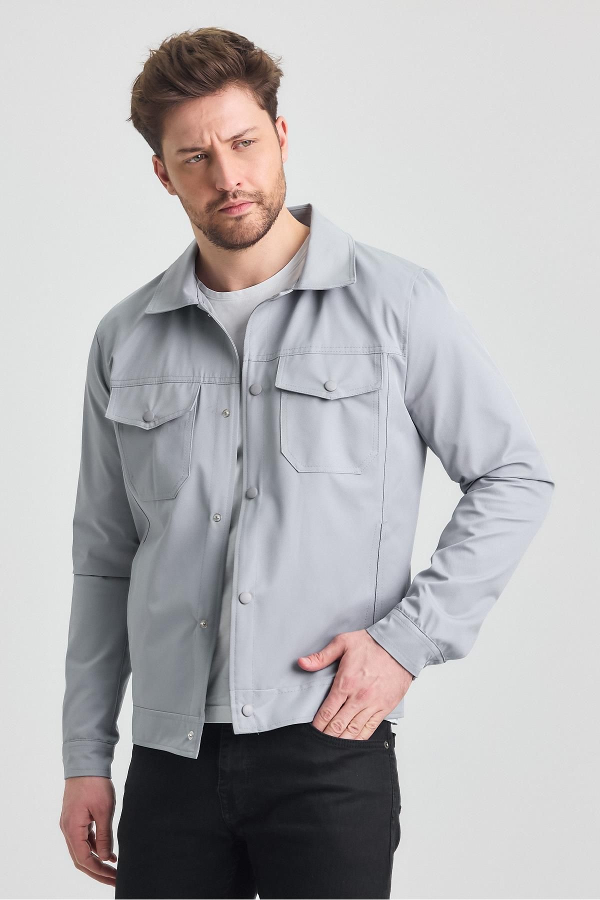 SİVAİST-Gray Men's Cotton Polyester Blended Waterproof and Windproof Seasonal & Summer Coat 4