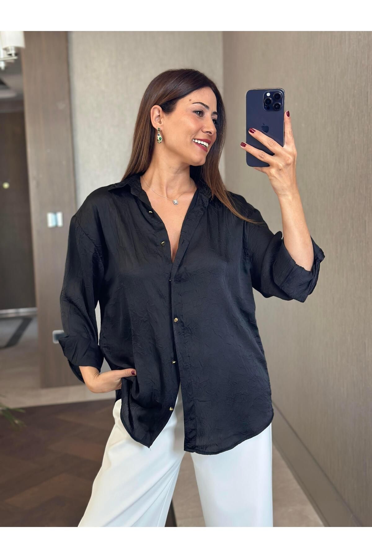 Forlady Butik Siyah Kırışık Saten Uzun Kol Kadın Gömlek