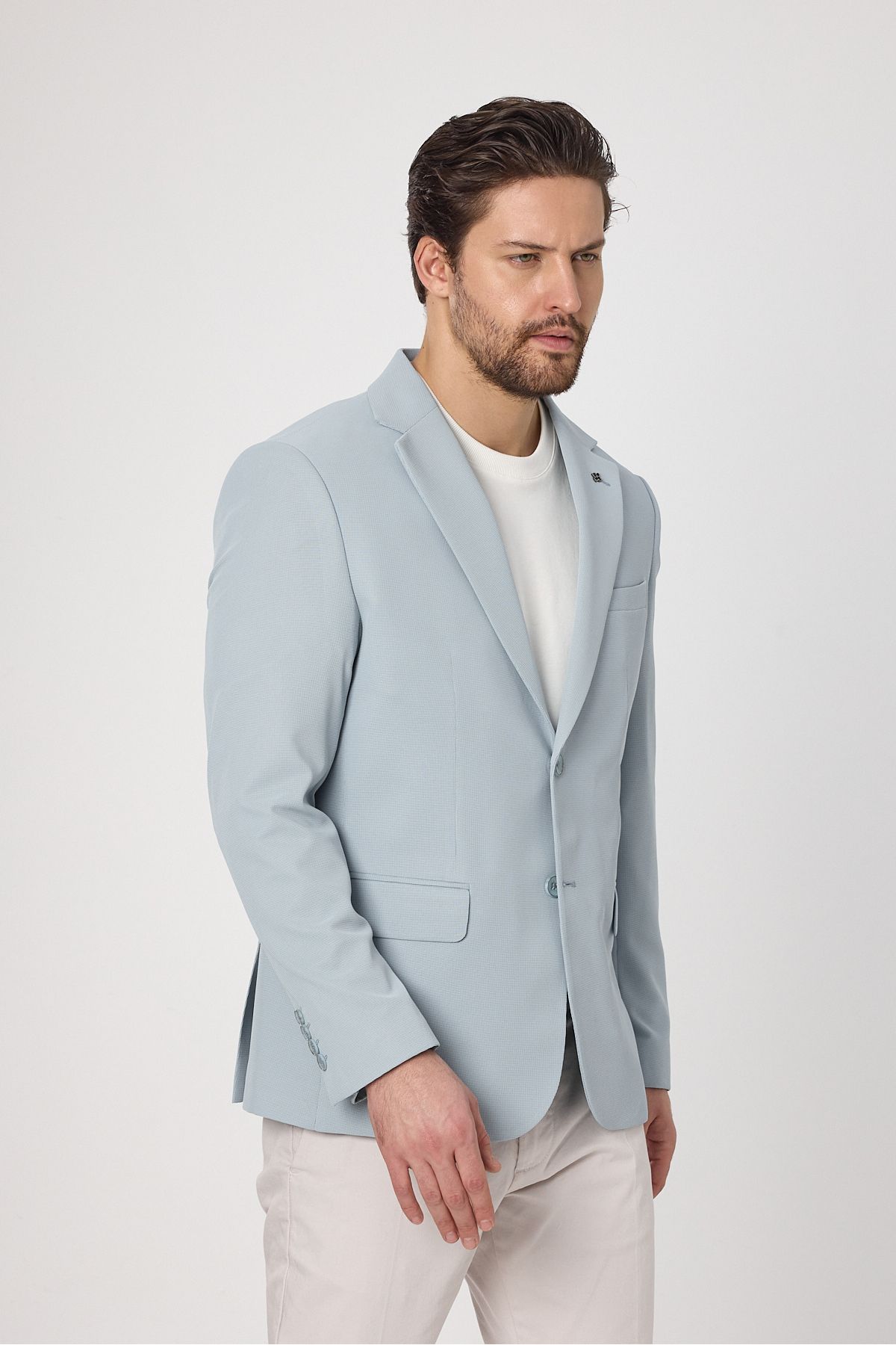 Frappoli-Waffle Men's Ice Blue Waffle Pattern Cotton Blended Lycra Stretchy Fabric Four Seasons Blazer Jacket 3