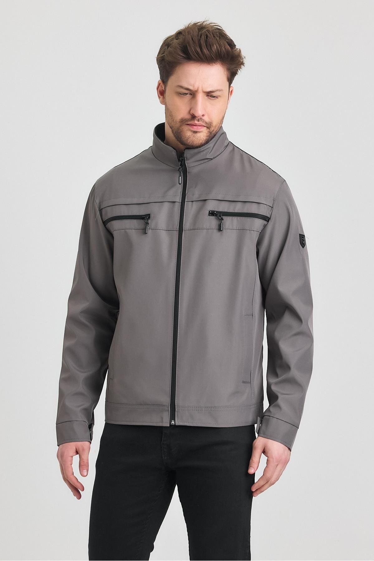 SİVAİST-Gray Men's Cotton Polyester Blended Double Chest Zippered Water and Windproof Seasonal & Summer Coat 4