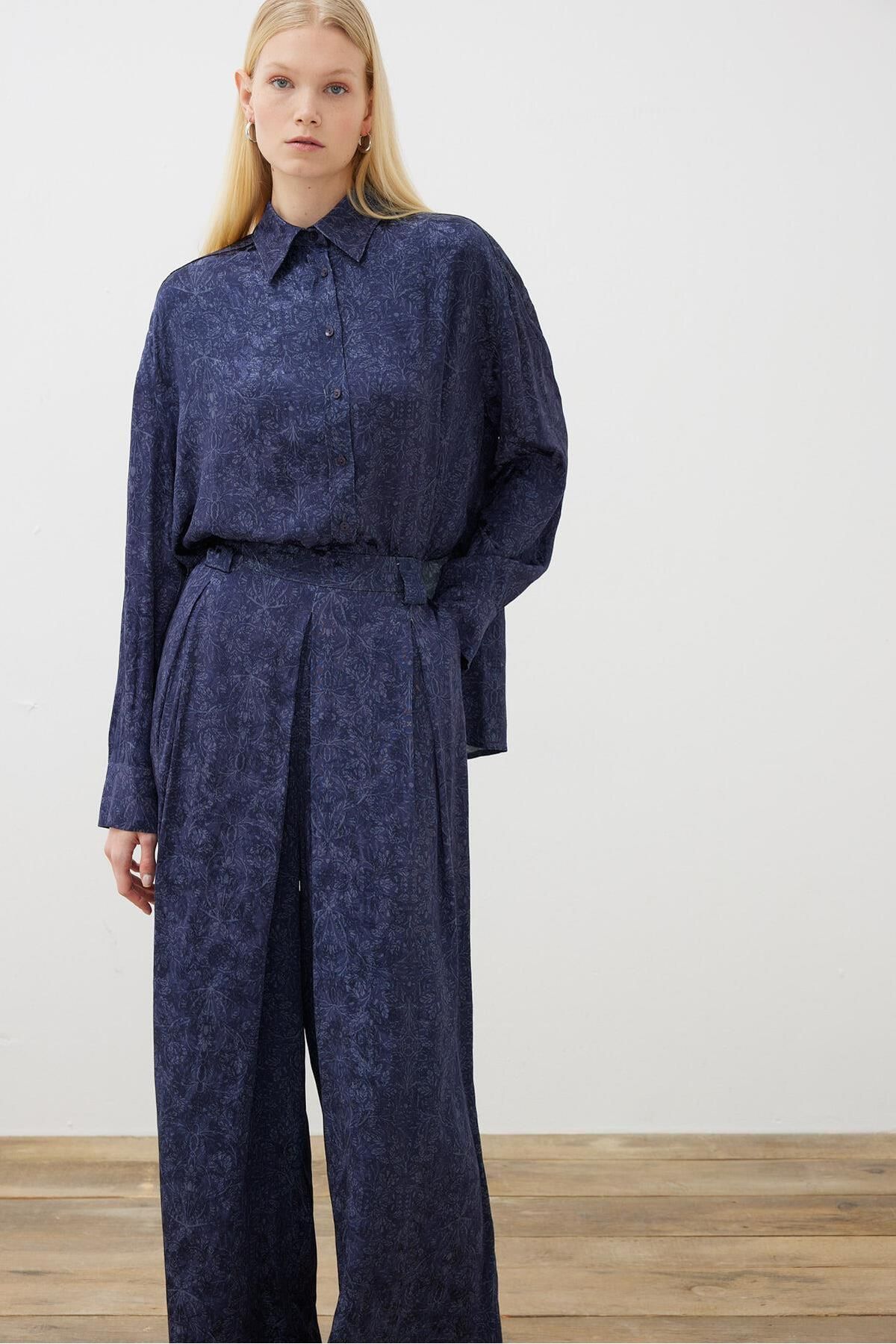 TERZİ DÜKKANI-Blue Helena Jacquard Pleated Trousers Suit 2