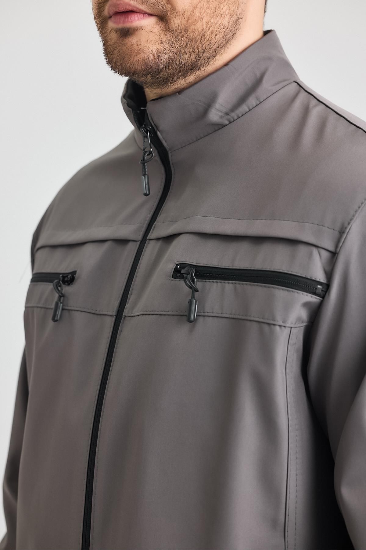 SİVAİST-Gray Men's Cotton Polyester Blended Double Chest Zippered Water and Windproof Seasonal & Summer Coat 3