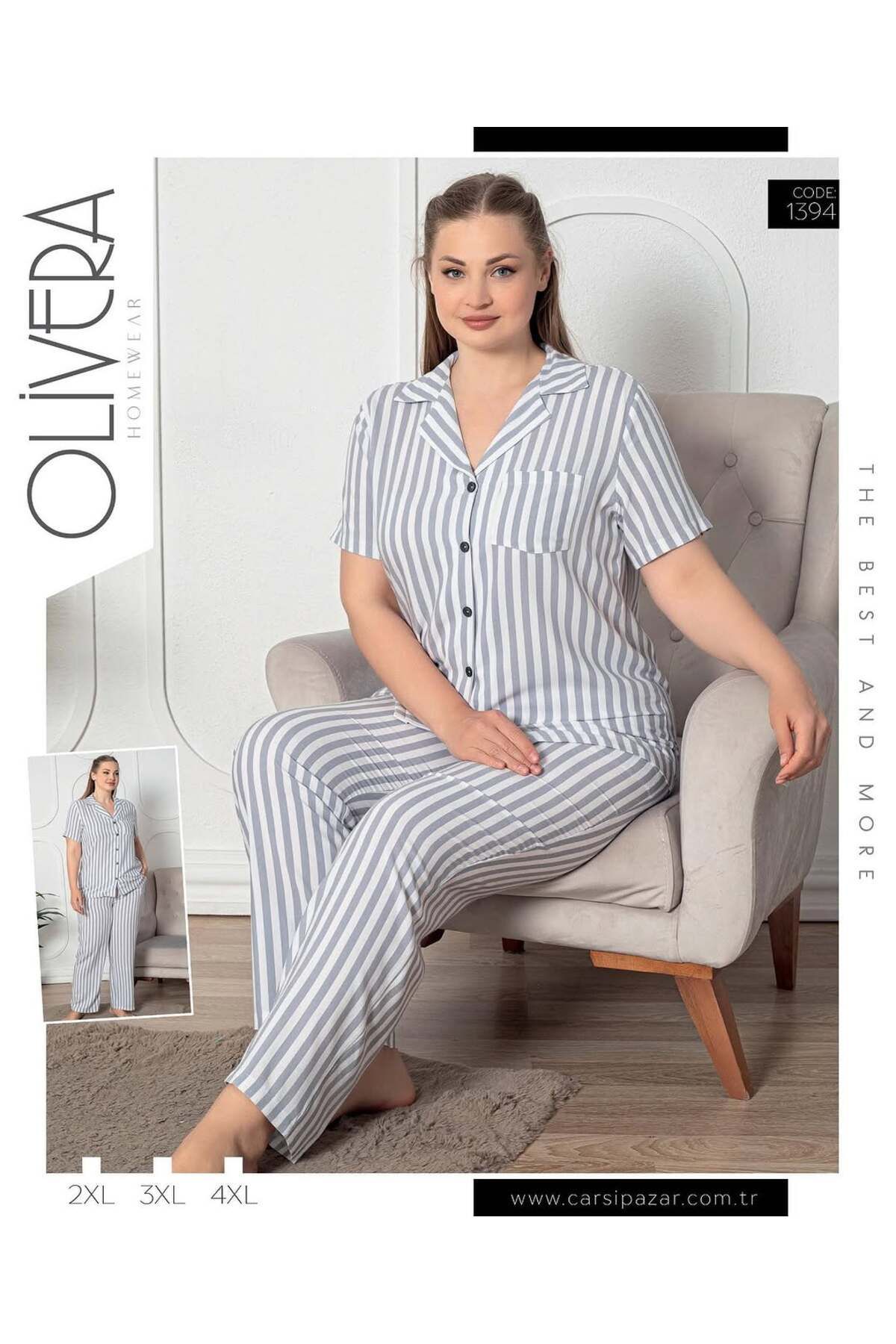 Olivera-Short Sleeve Pajama Set Gray Stripe Design 1394 1