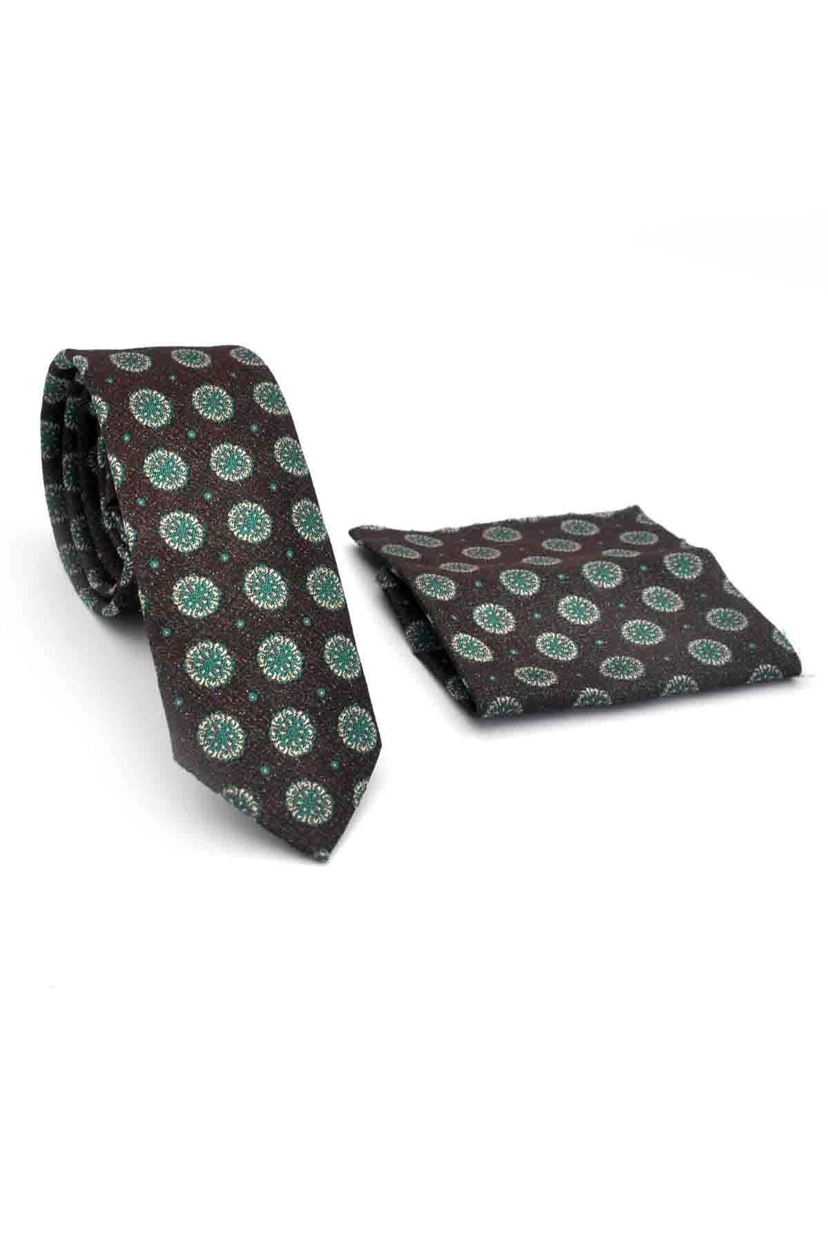 Gaffy-Green Beige Round Patterned Brown Woven Fabric Slim Fit Tie with Handkerchief // Sdk- 250206 2