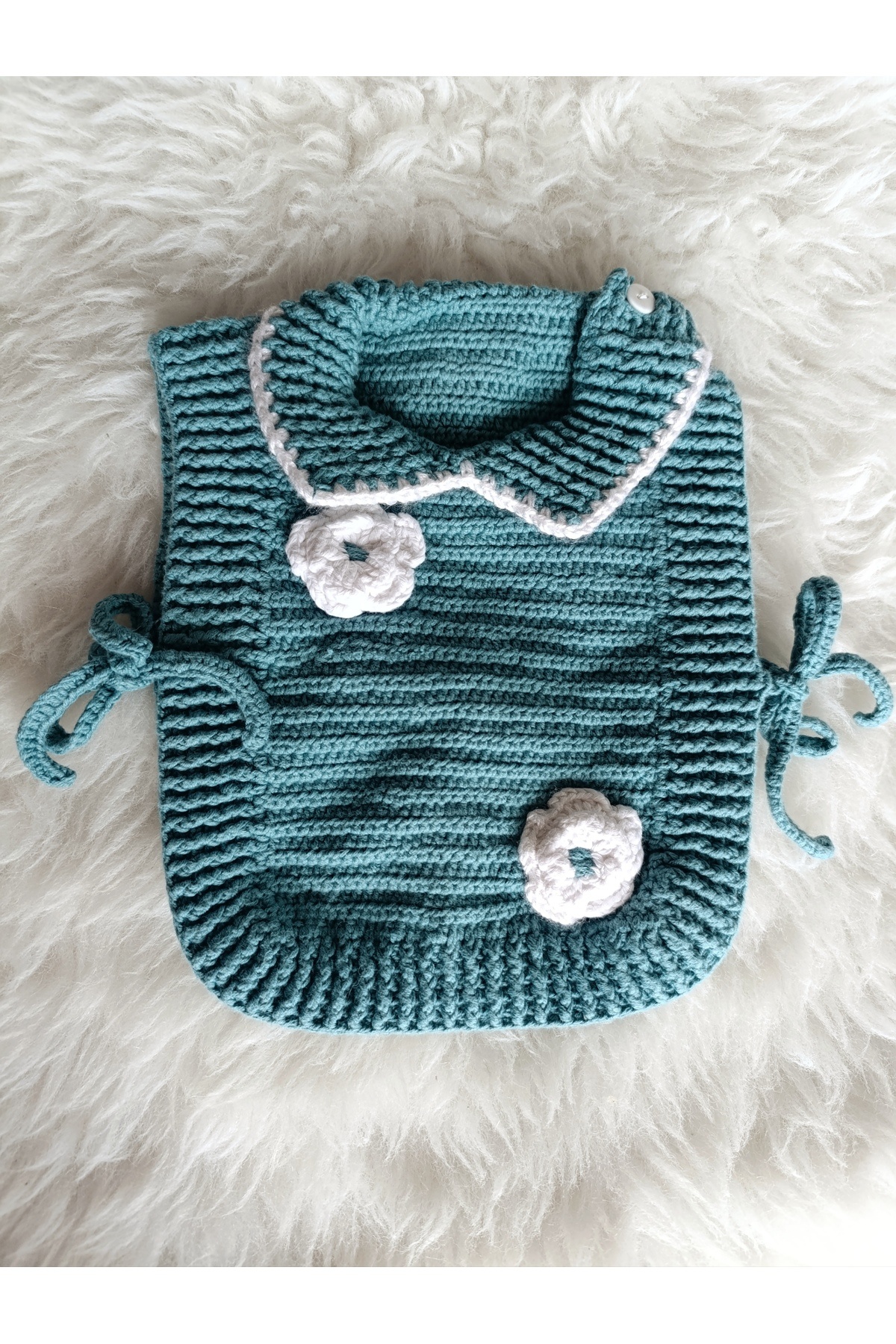 Merve ÖZTÜRK Bebek Organik Süveter Yandan Bağcıklı Yelek süveter kız bebek fotoğrafı 5 (önizleme)