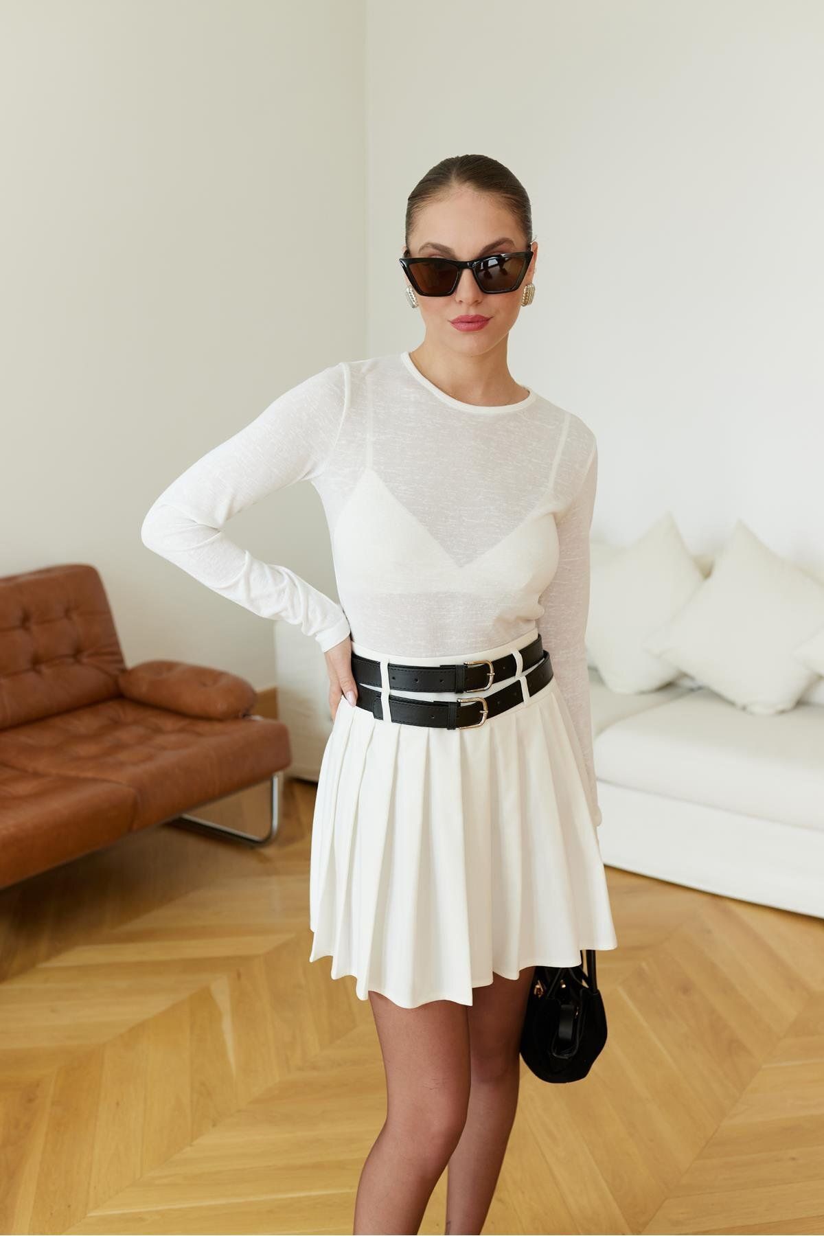 Askı Nişantaşı-White Double Belted Pleated Mini Skirt 2