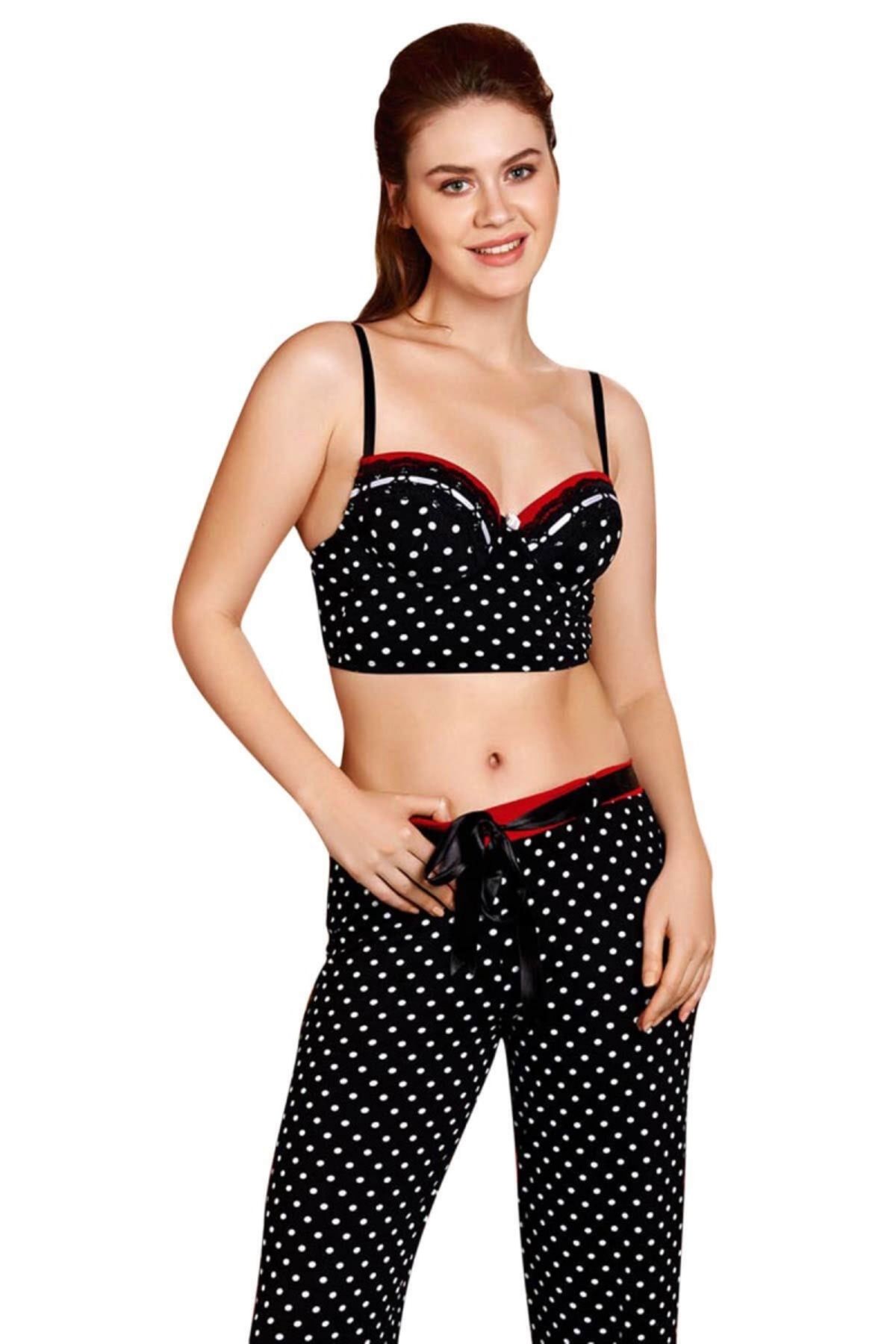 SheyMa Giyim SheyMa stl Siyah Puantiye Desenli Balenli Büstiyerli Pijama Takımı 4132