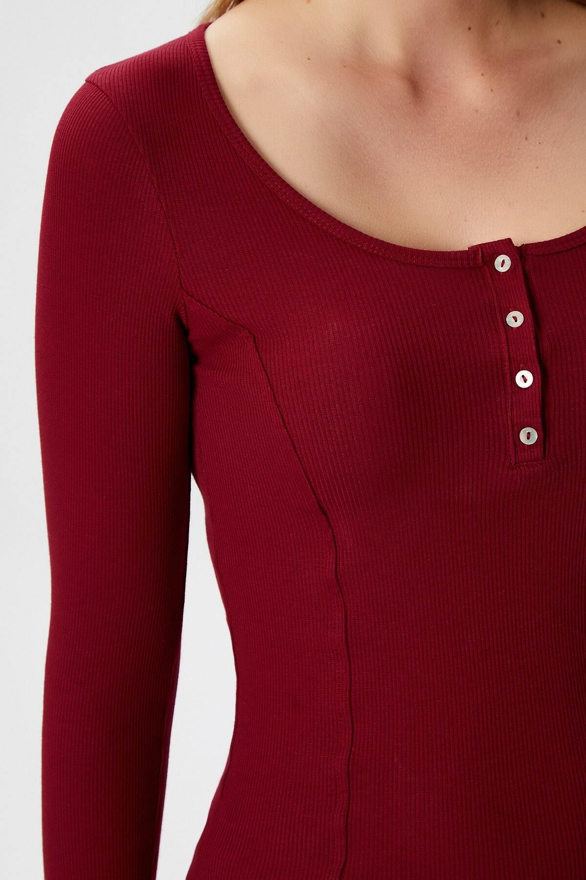 Ritnice-Women's Sophia Cotton Corset Look Buttoned Ribbed Long Sleeve Burgundy Blouse 3