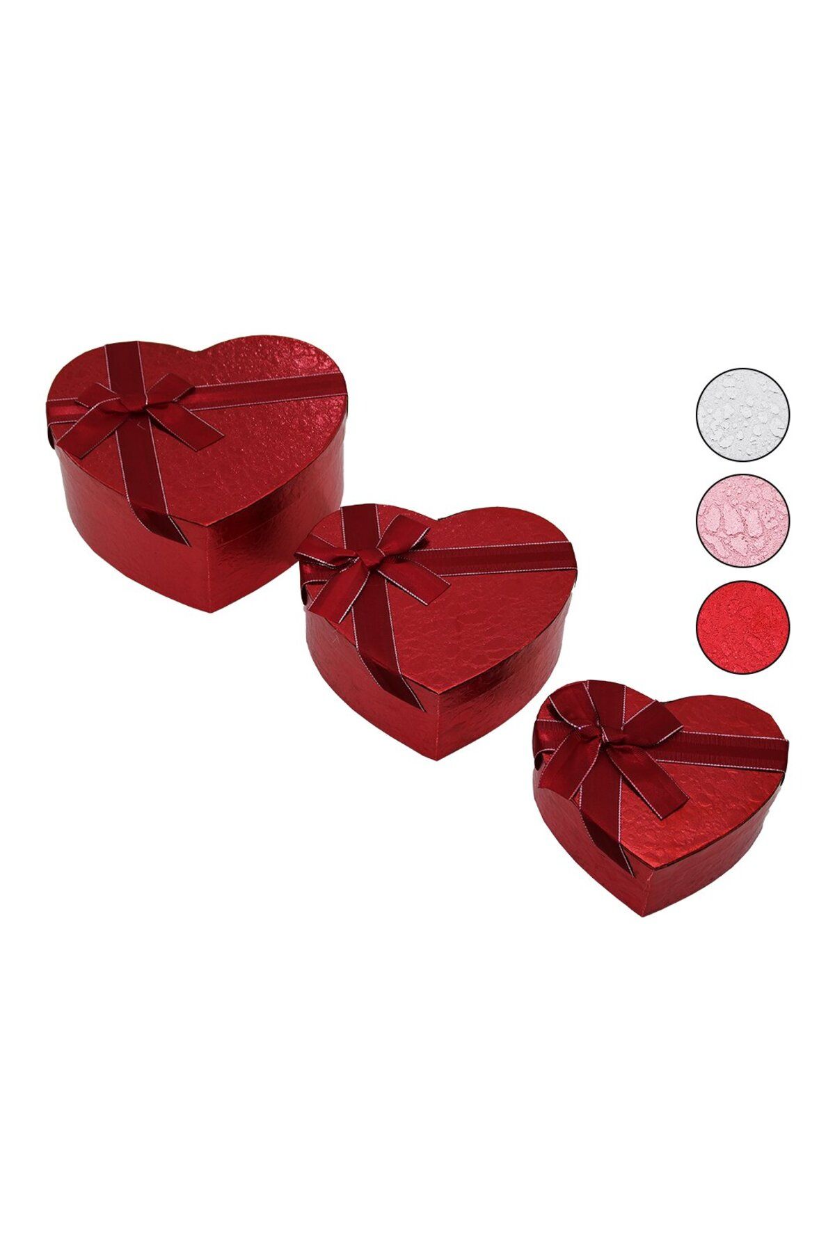Kapamarka 3PCS KALP PARLAK RENKLİ - KABARTMA DESEN KARTON HEDİYE KUTUSU KURDELALI 15-18-21CM