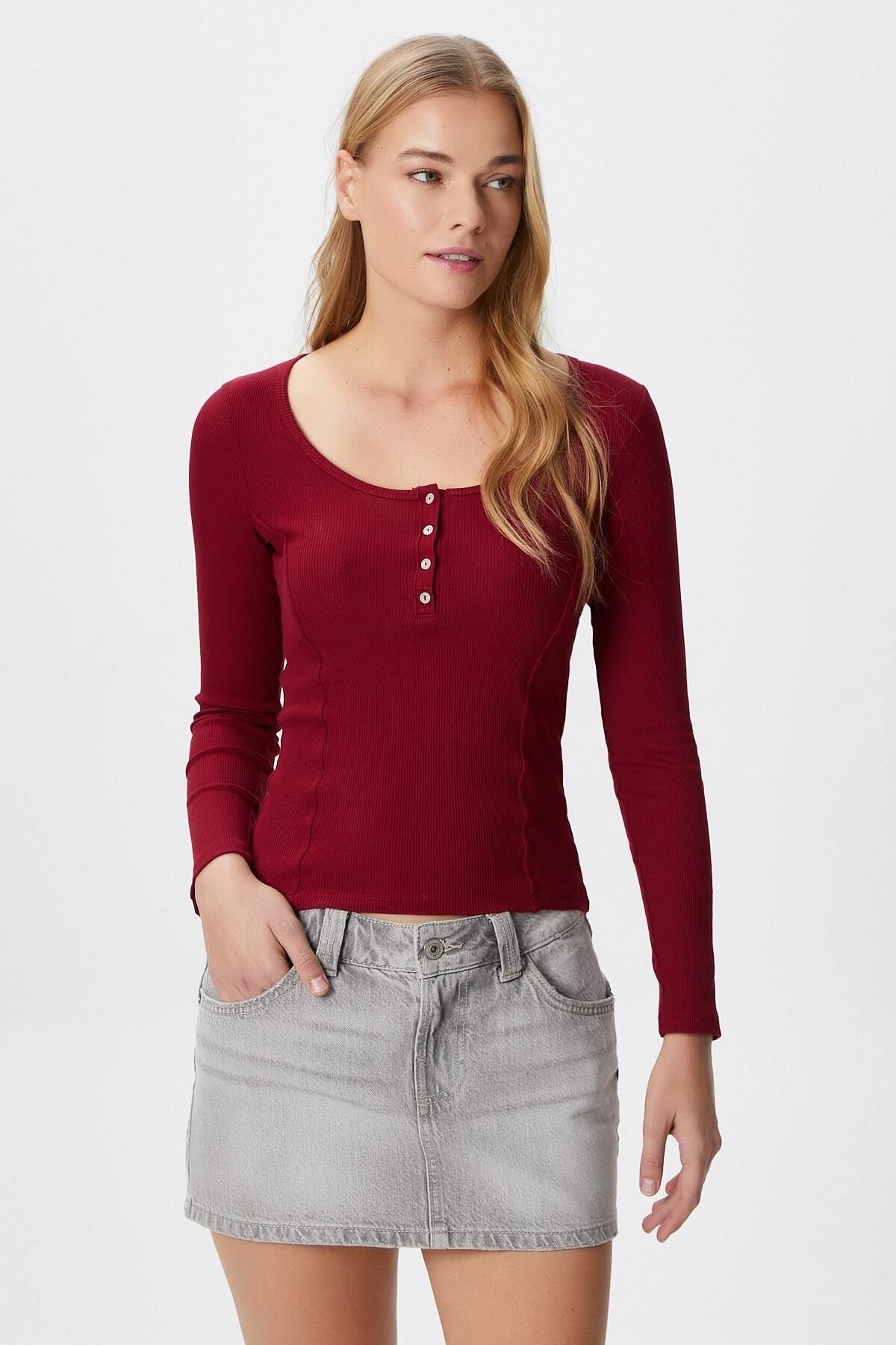 Ritnice-Women's Sophia Cotton Corset Look Buttoned Ribbed Long Sleeve Burgundy Blouse 4