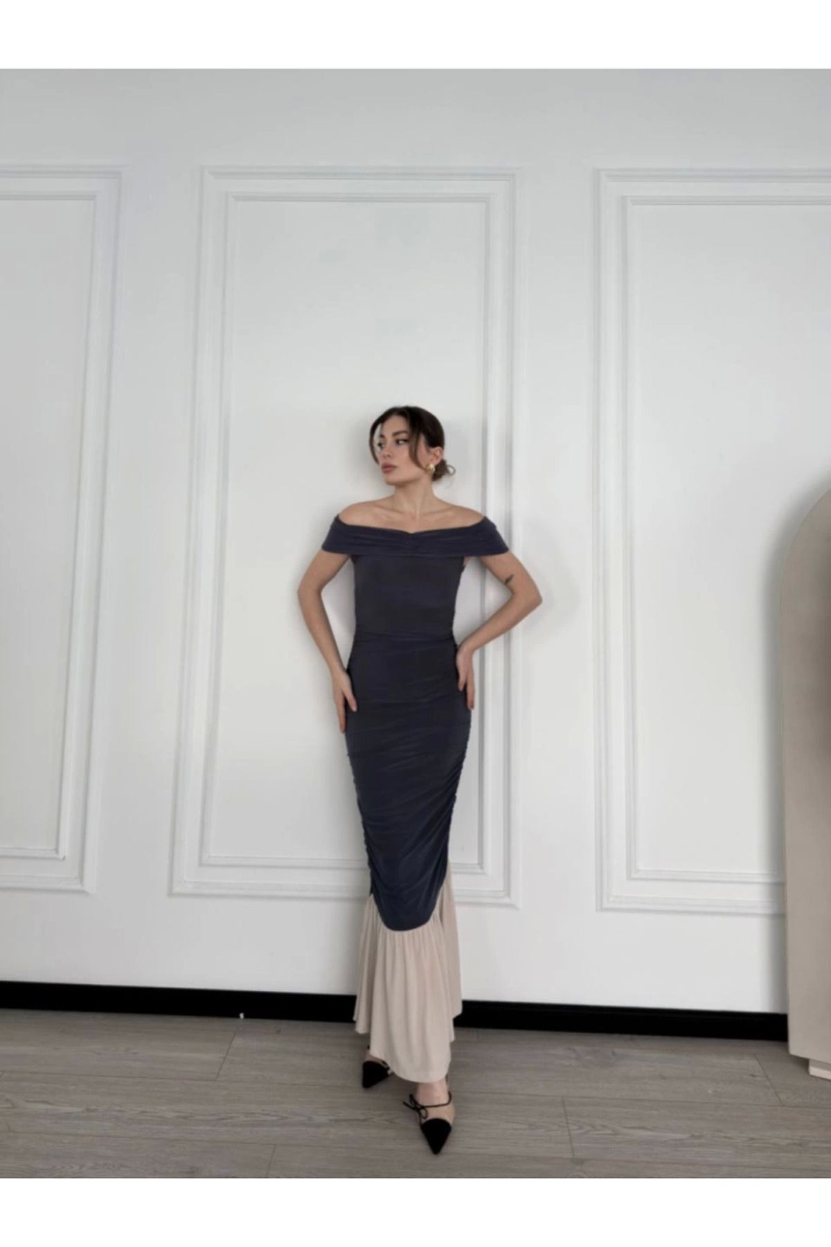 fh fashionhere Striptiz Omuzlu Uzun Elbise- Füme