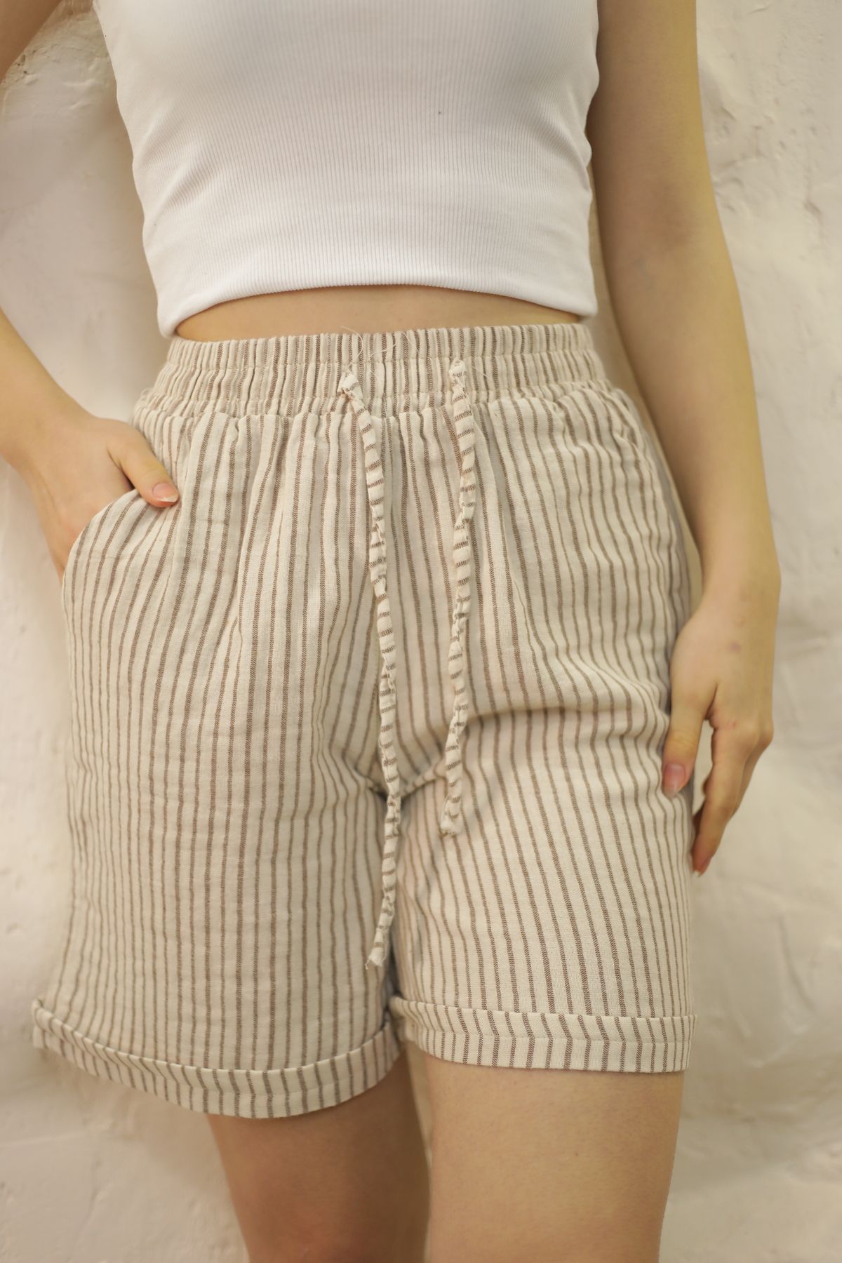 sielta-Muslin Striped Brown Bermuda Shorts 1