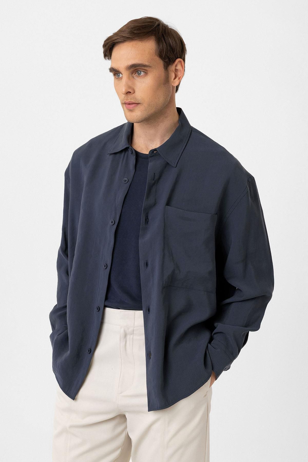 Antioch-Navy Blue Relax Fit Modal Fabric Men's Shirt 2