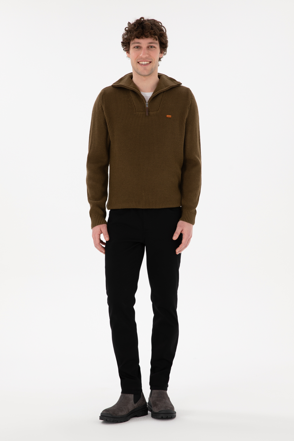 U.S. Polo Assn. Erkek Regular Fit Yarım Fermuarlı Haki Kazak 50297047-VR027 görsel 4
