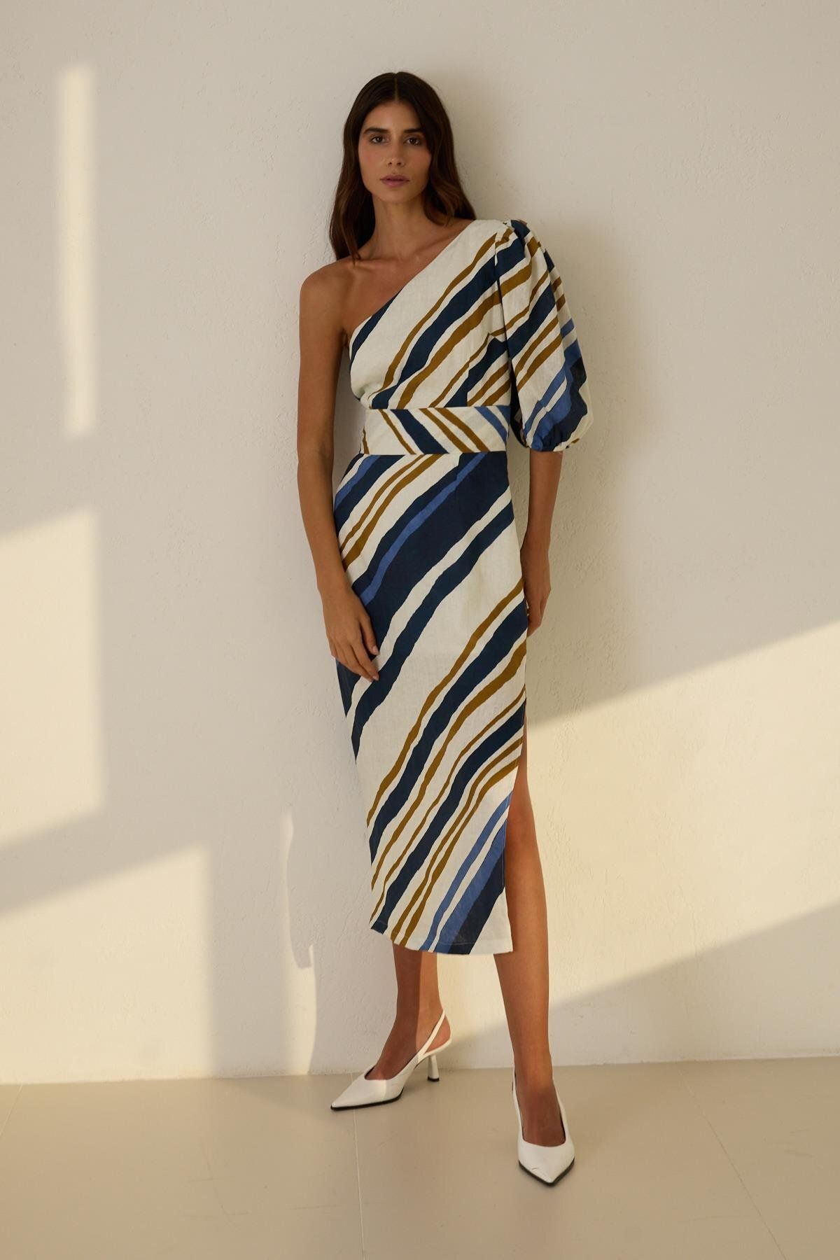 Setre-Ecru - Navy Blue One Shoulder Detailed Waist Belted Patterned Wide Fit Linen Dress 3