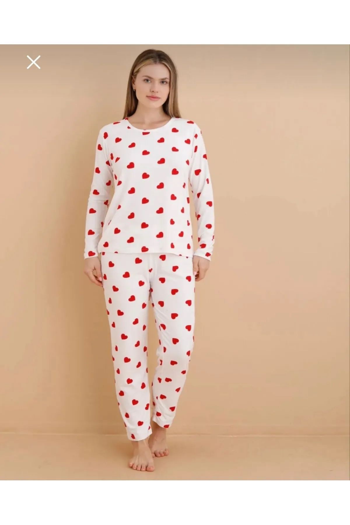 ESM Noche-Women's Pajama Set - Heart Pattern - Viscose Fabric - Bottom Top Set 1